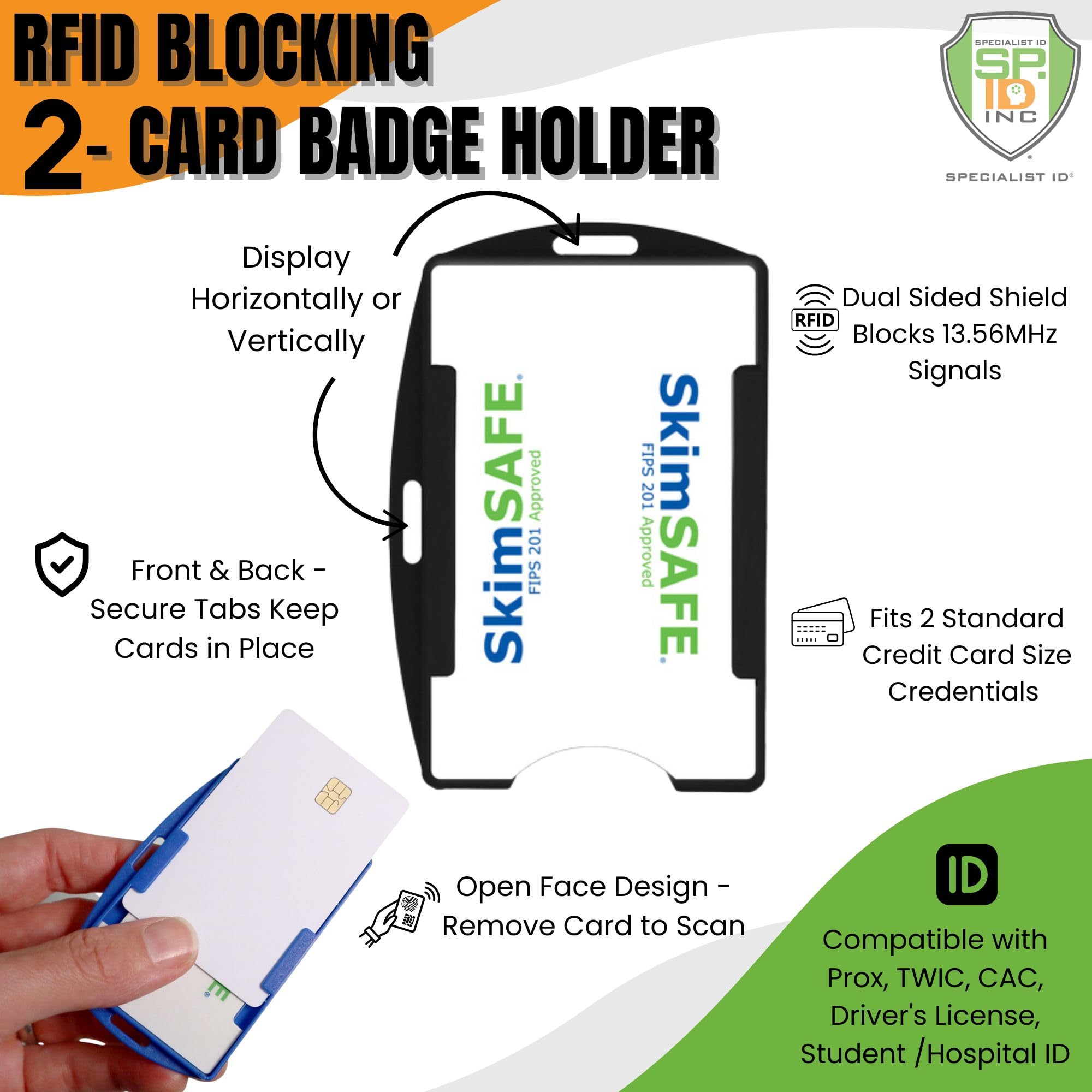 50 Pack RFID Blocking ID Badge Holders - Dual Sided Shield Blocks 13.56MHz Signals - SkimSAFE Card Protector for Work, Office & Events (Black, Holds 2 Cards)