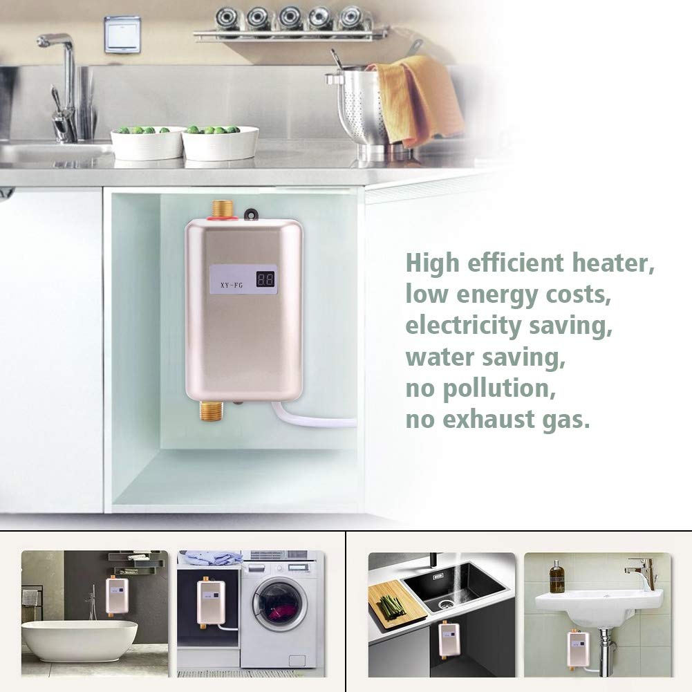 220V 3800W Instant Tankless Electric Water Heater - Mini Hot Water System for Bathroom, Kitchen & Washing - Fast Heating, Energy Efficient (Golden) - Perfect for Small Homes, Apartments & RVs