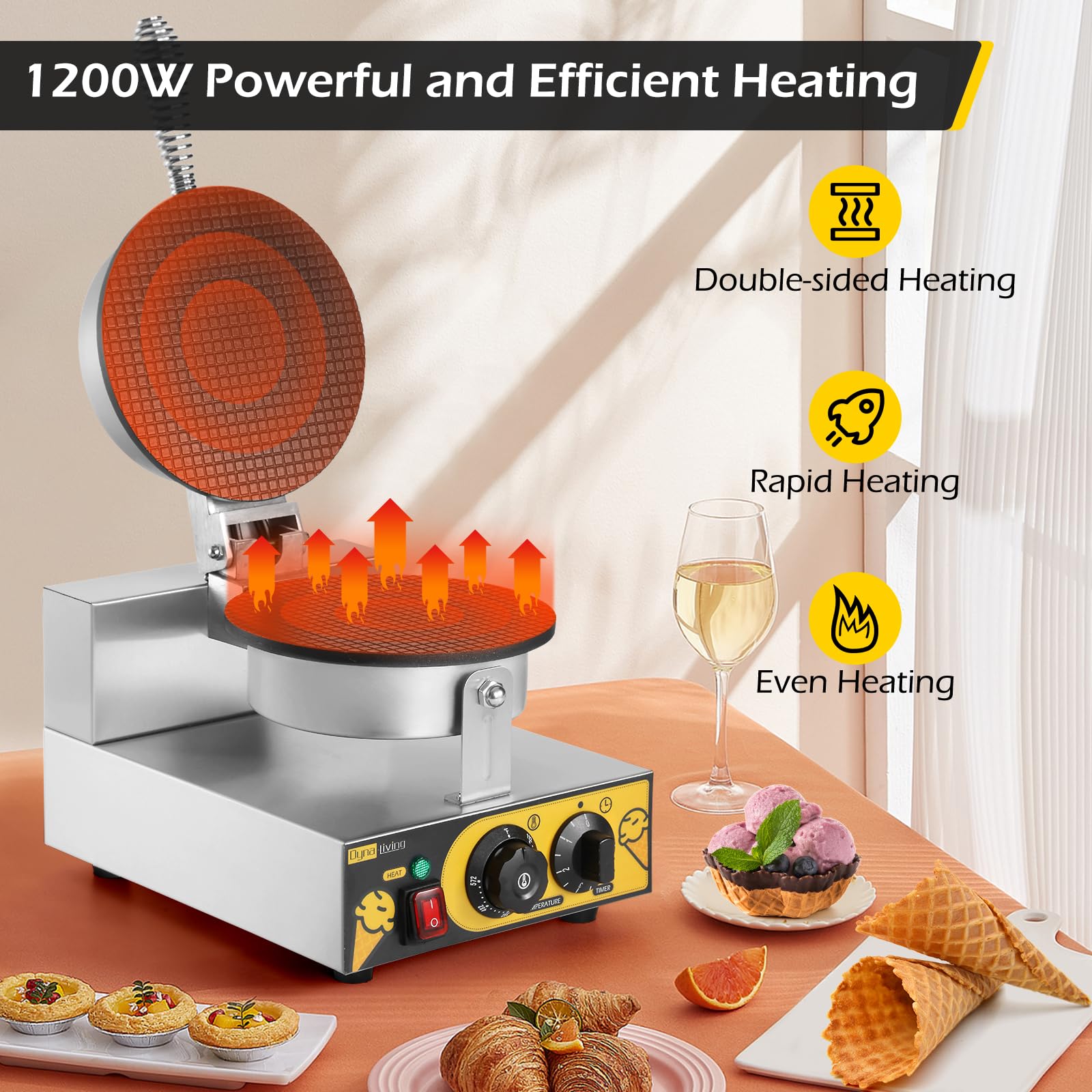 Dyna-Living Commercial Electric Waffle Cone Maker Machine - Stainless Steel Ice Cream Cone Baker for Restaurants, Bakeries & Home Kitchens (110V 1250W) - Perfect for Dessert Shops, Ice Cream Parlors & Snack Bars