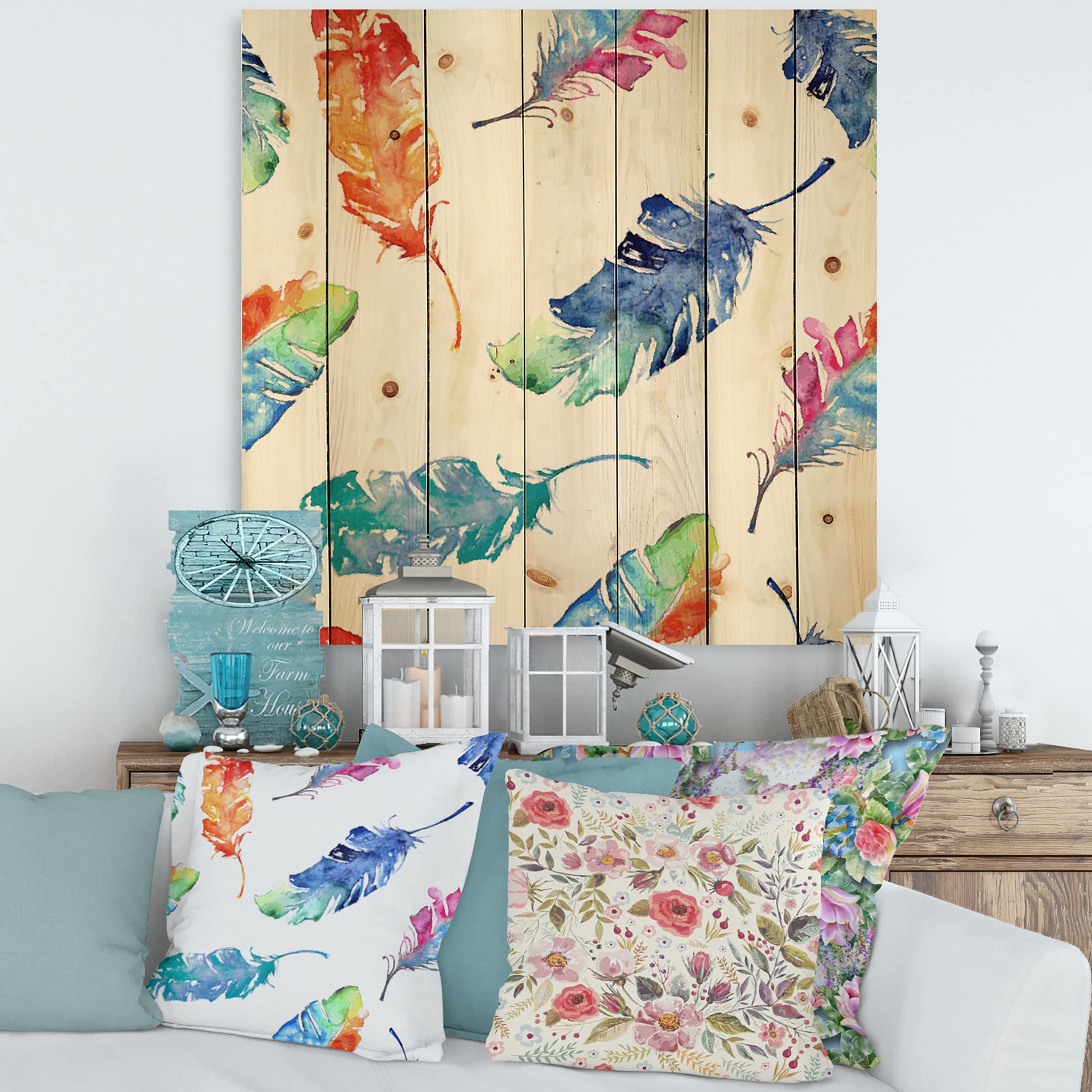 Bohemian Blue Feather Wood Wall Art - Handcrafted Ethnic Decor with Printed Photography on Natural Pine Wood Panels - Perfect for Living Room, Bedroom & Boho Home Decor