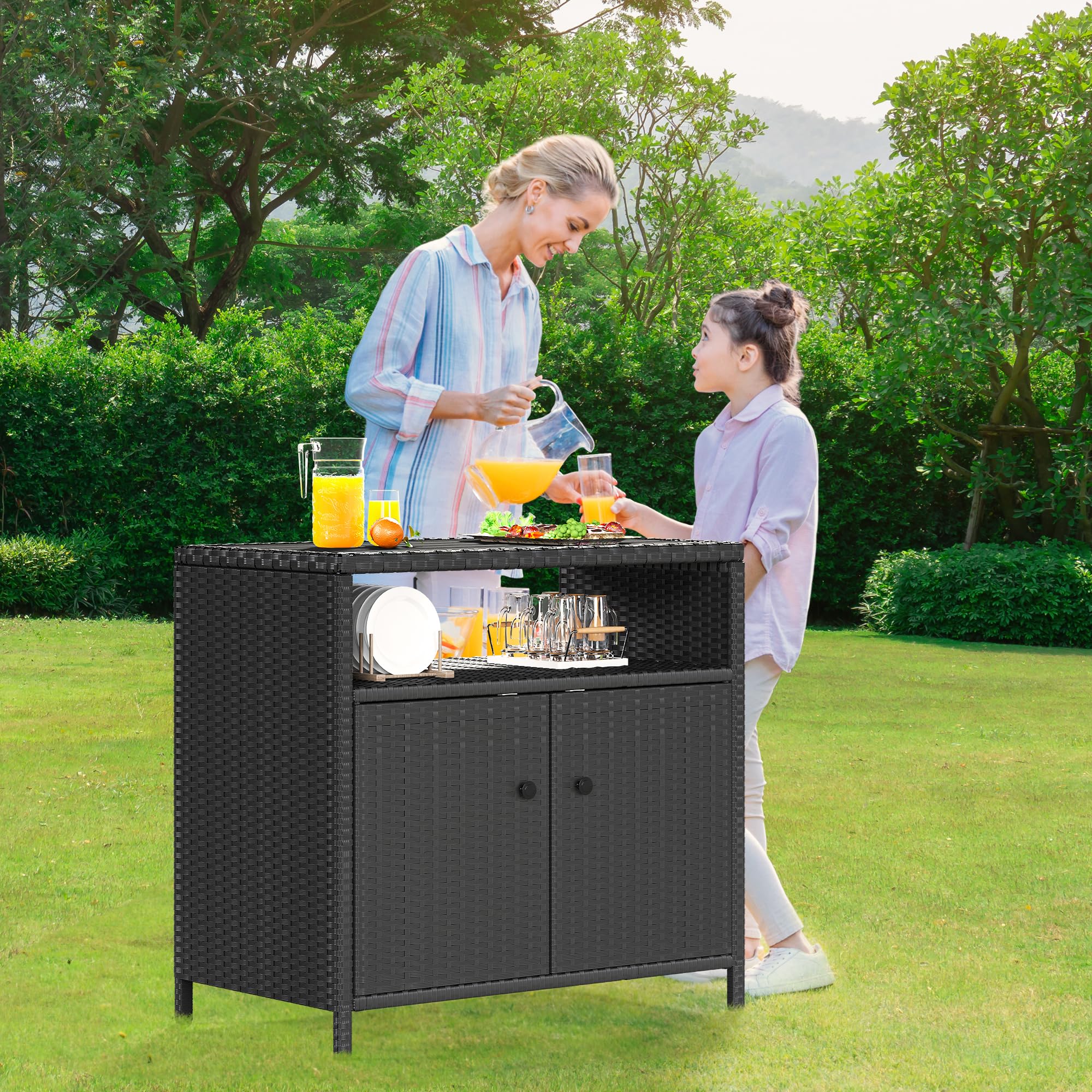 YITAHOME Outdoor Wicker Storage Cabinet with 2 Doors & Shelves - Weatherproof Patio Furniture for Poolside, Garden, and Backyard Organization - Black