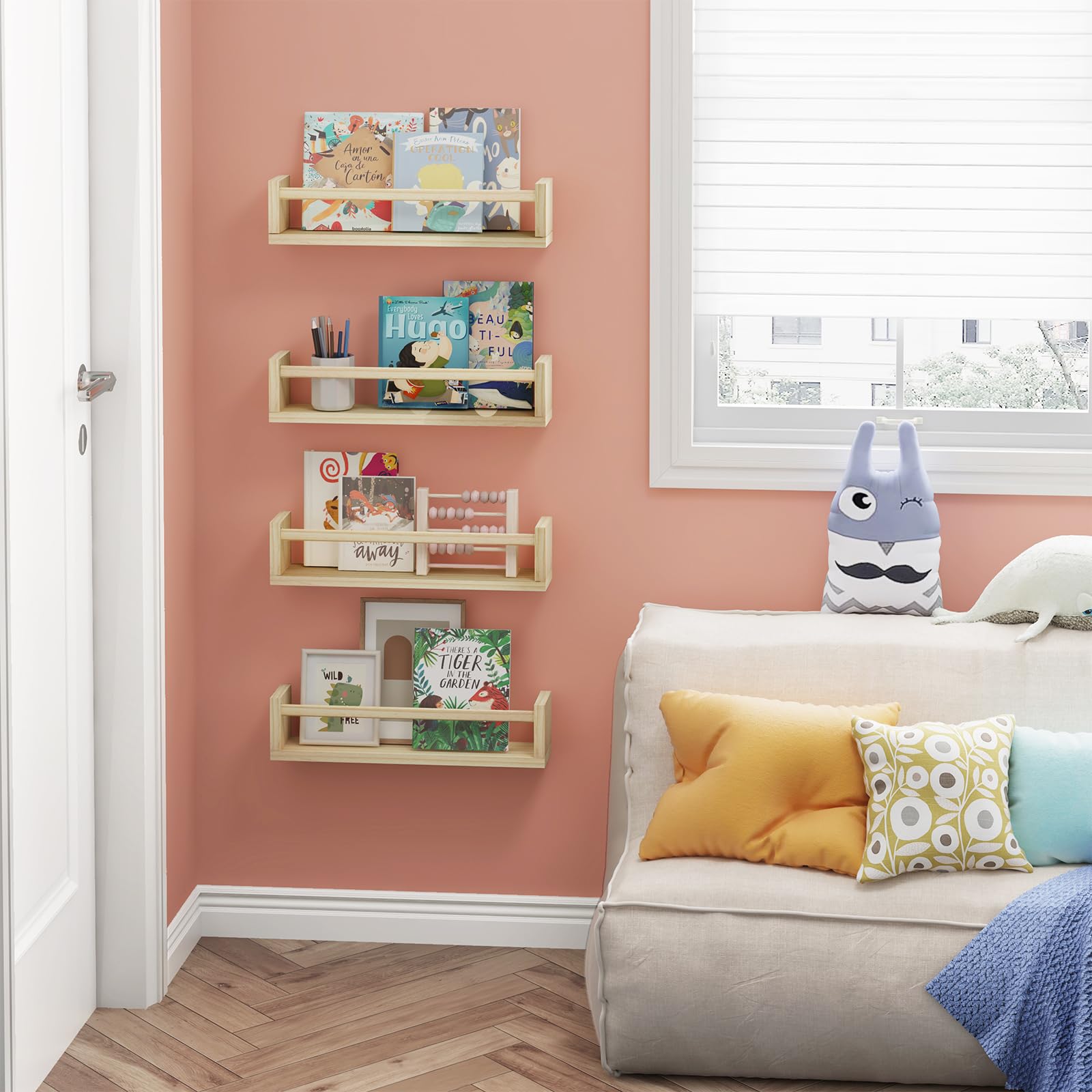 Fixwal 16.5 Inch Floating Bookshelves Set of 4 - Solid Wood Wall Mounted Nursery Shelves for Books & Toys Storage - Natural Wood - Perfect for Kids Room, Playroom & Classroom Organization