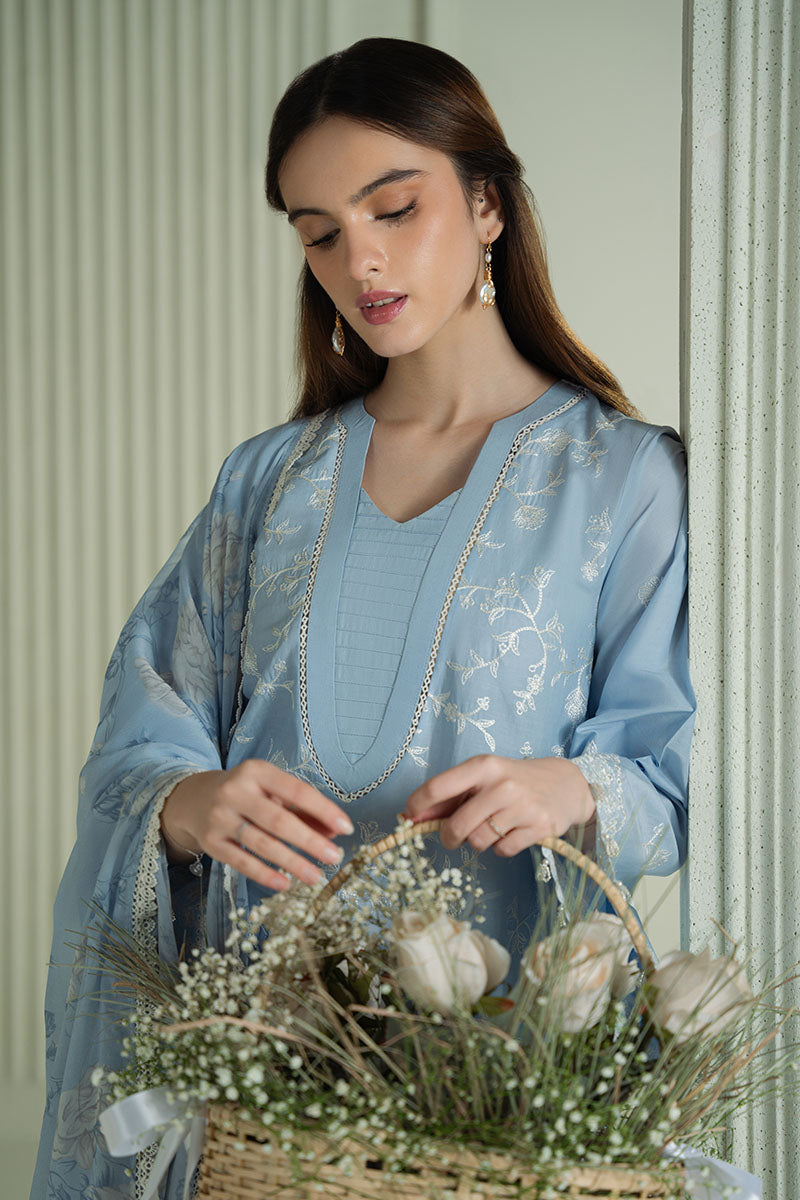 LAVENDER BLUE 3-Piece Embroidered Lawn Suit Set for Women | Floral Summer Outfit | Perfect for Weddings, Parties & Casual Wear