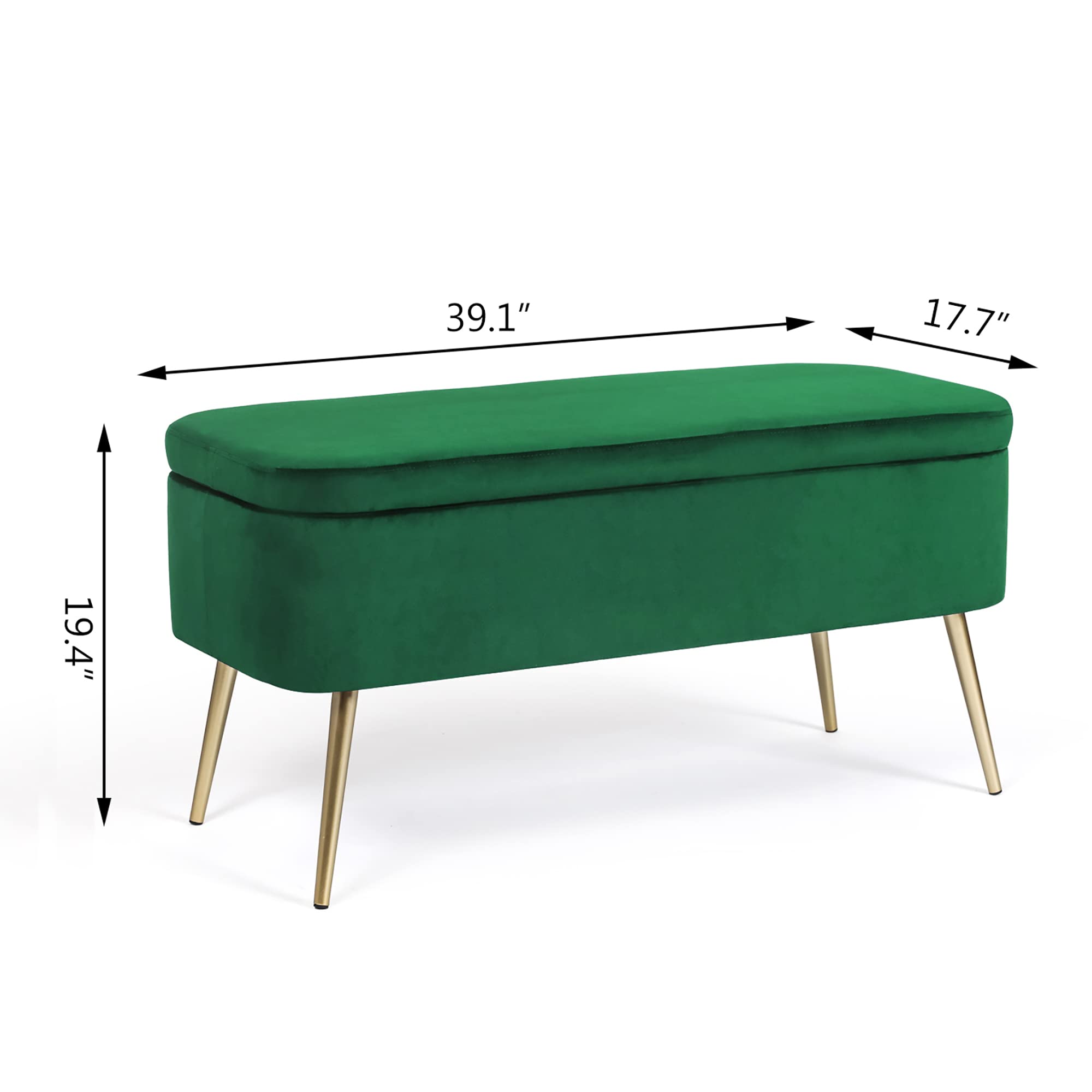 Joveco Velvet Upholstered Storage Bench with Golden Metal Legs - Modern Ottoman Footrest, Coffee Table for Entryway, Living Room, Bedroom & Window Seat - Soft Padded Seat (Green) | Perfect for Small Space Organization, Extra Seating & Stylish Home Decor