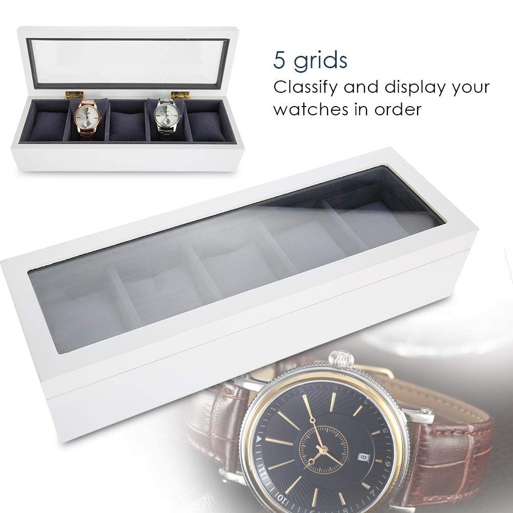 Premium White Watch Display Case - 5 Slot Glass Watch Box Organizer for Men & Women - Luxury Jewelry Storage & Showcase - Perfect for Home, Office, or Gift Giving