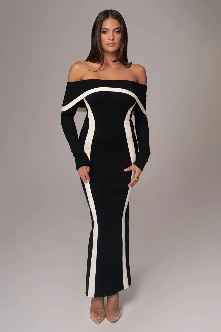 Sexy Black & Brown Off-the-Shoulder Bandage Bodycon Dress for Women - Long Sleeve Slash Neck Party Gown for Evening Celebrations, Club Nights & Date Nights