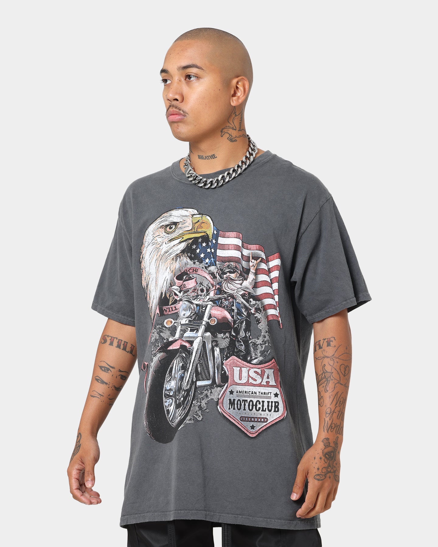 American Thrift Eagle Moto Club Vintage T-Shirt - Off Black | Biker Motorcycle Riding Gear & Retro Streetwear for Men