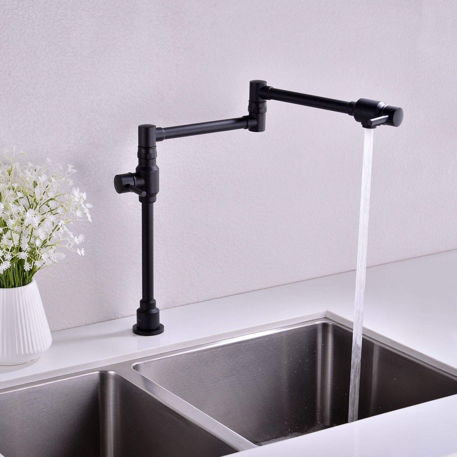 Premium Black Deck Mount Pot Filler Kitchen Faucet - Brass Folding Faucet with Dual Handles & Stretchable Double Swing Joint - Single Hole Sink Faucet for Professional Chefs & Home Cooking Enthusiasts