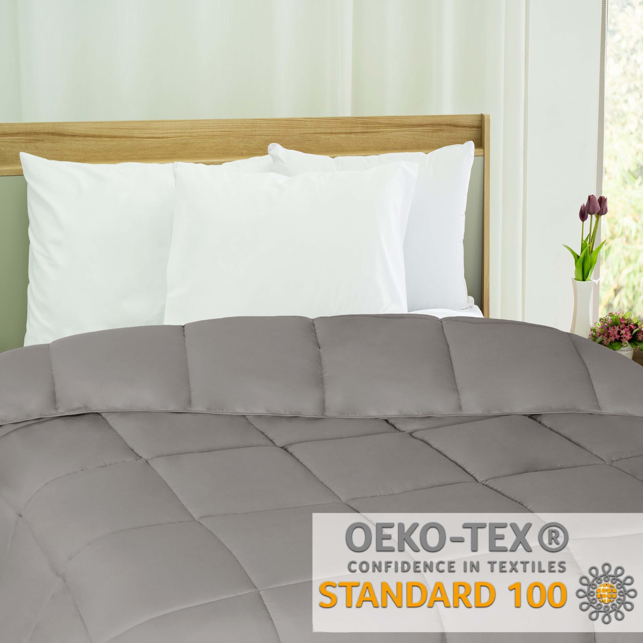 Premium Brushed Microfiber Solid Comforter - Down Alternative Bedding Set, Reversible Medium Weight Fluffy Duvet Insert with Box Quilt Design, Oversized King Blanket in Silver - Perfect for Cozy Bedrooms, Guest Rooms & Luxury Hotel Style Decor