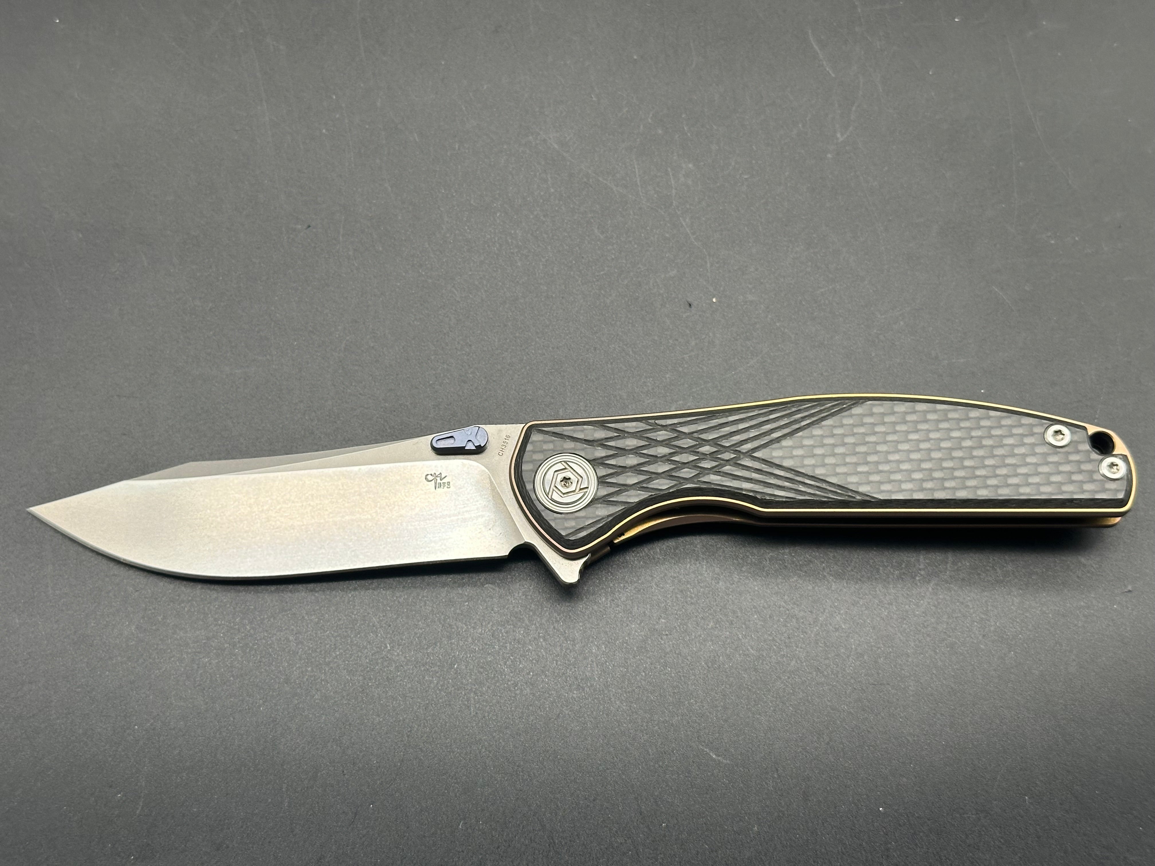 CH Knives CH3516 Bronze Titanium Frame Lock Folding Knife with Carbon Fiber Scales & Blue Accents - EDC, Outdoor, Camping, Survival Gear