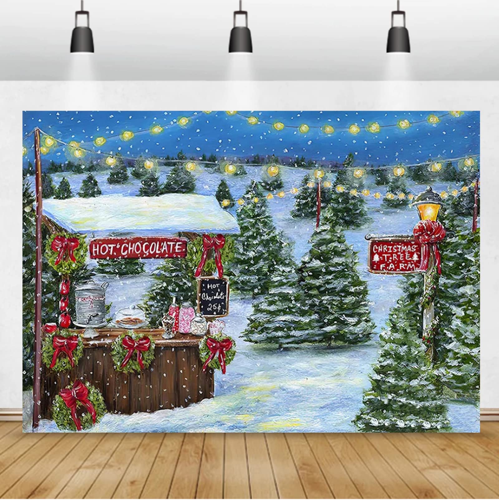 KTWD Winter Hot Chocolate Stand Photography Backdrop - 7x5ft Vinyl Christmas Scene with Snowy Trees for Holiday Parties, Birthday Photos & Studio Shoots