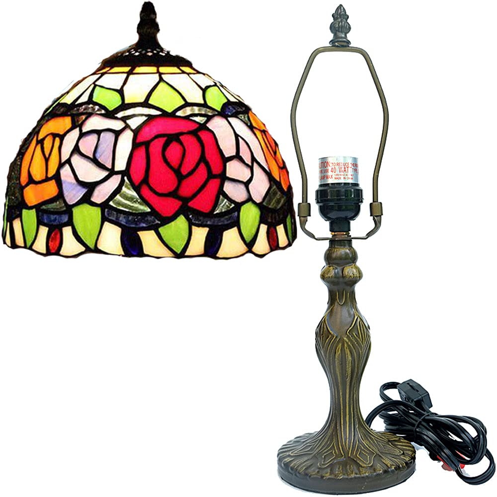 Tiffany Rose Stained Glass Table Lamp - 15 Inch Tall, 8 Inch Wide Shade, Antique Zinc Base with Bulb Included - Perfect for Living Room, Bedroom, Kitchen & Family Room Decor