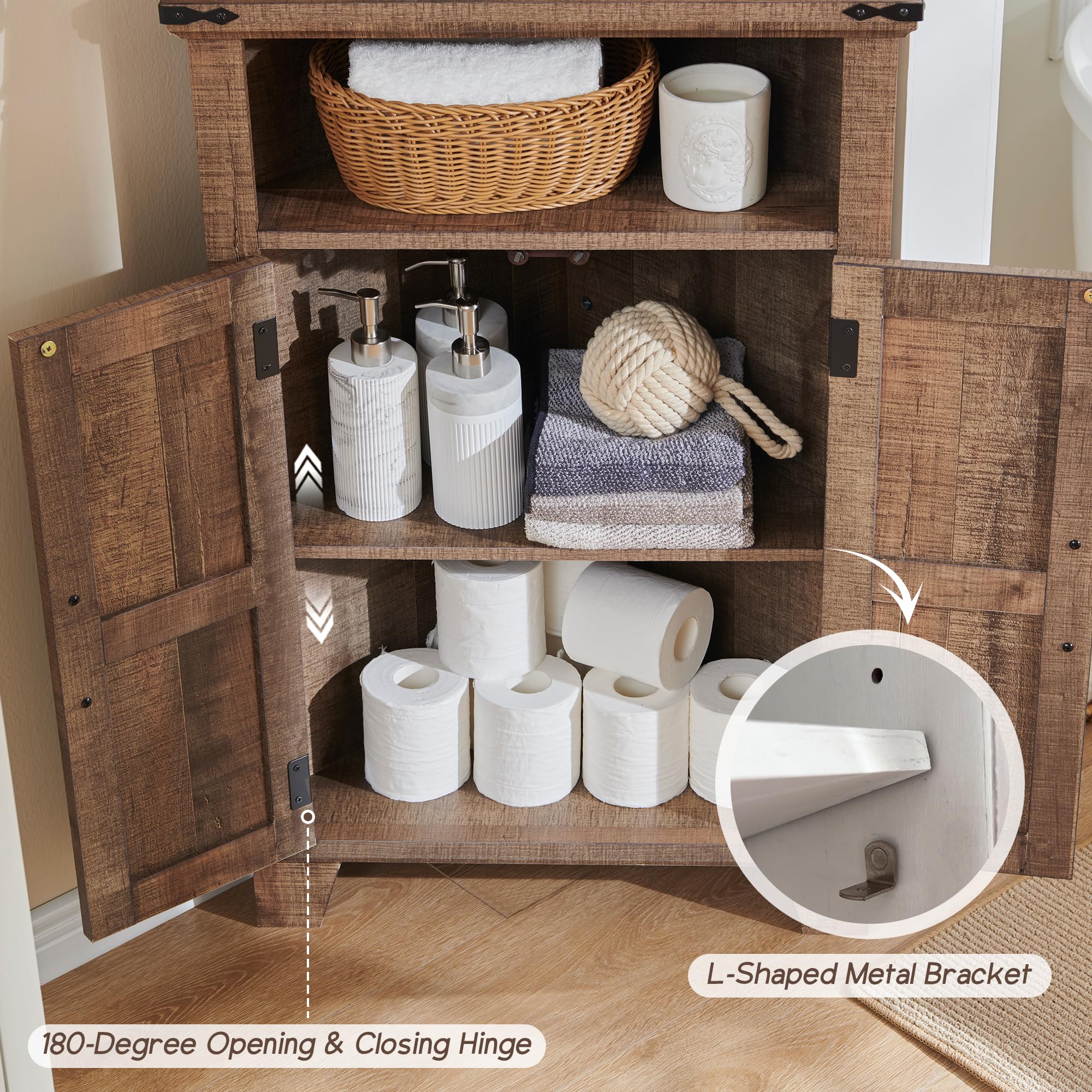 Farmhouse Corner Bathroom Cabinet with Barn Door & Adjustable Shelf - Rustic Brown Storage Cabinet for Bathroom, Kitchen, Living Room | Space-Saving Organizer for Small Bathrooms & Cozy Farmhouse Decor