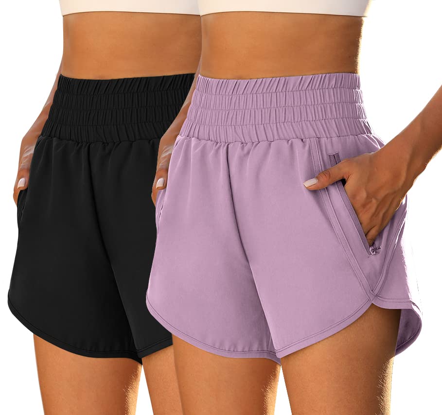 Fengbay Women's High Waisted Athletic Shorts with Pockets - Breathable Running Shorts for Gym, Workout & Sports - Stretchy Elastic Waistband - Black & Purple - Perfect for Jogging, Yoga & Active Lifestyle