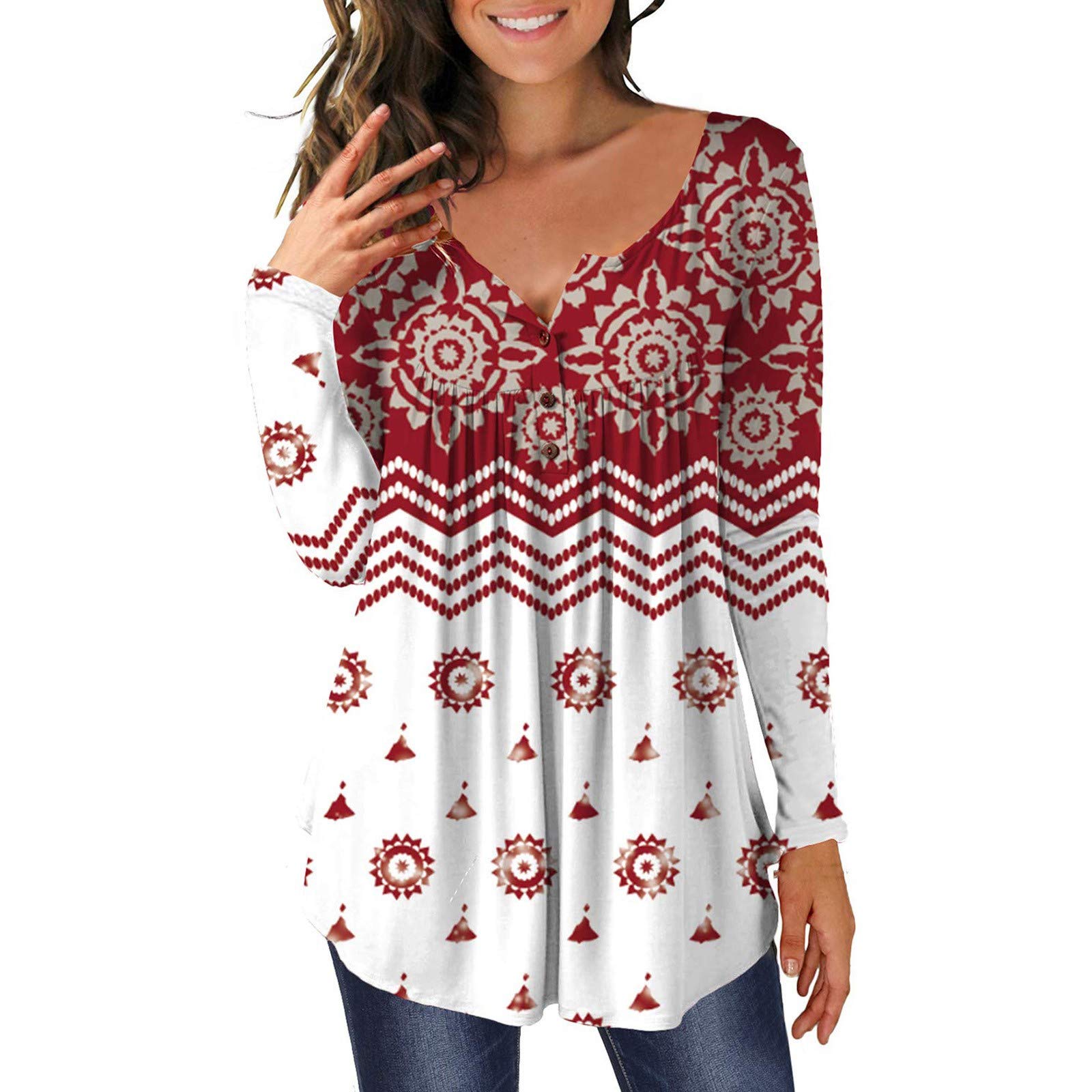 Women's Round Neck Asymmetrical Hem Long Sleeve Printed Blouse - Stylish Casual Top for Work, Date Night & Everyday Wear