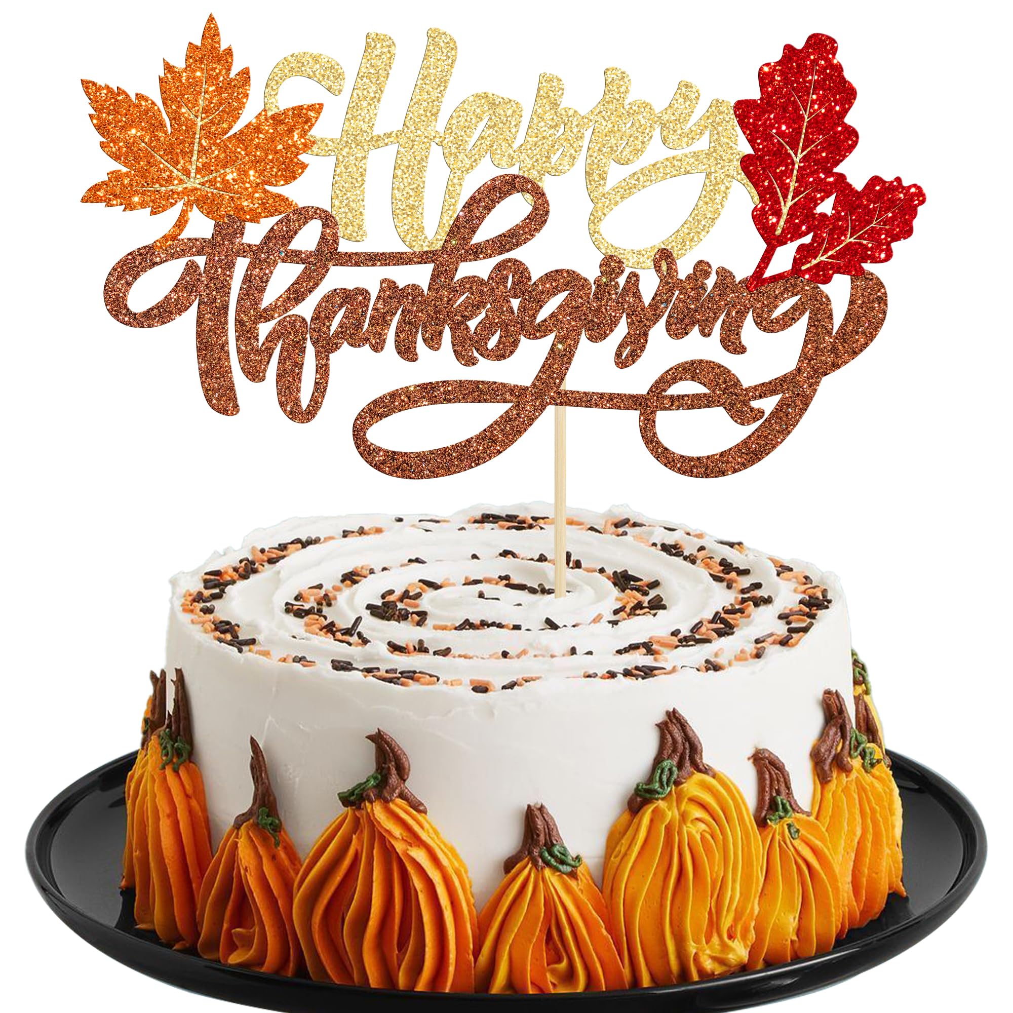 Happy Thanksgiving Cake Topper - Glitter Maple Leaves Cake Decorations for Friendsgiving, Autumn & Fall Theme Parties | Give Thanks Cake Picks for Thanksgiving Day Celebration | Perfect for Dessert Table, Holiday Baking & Festive Decor