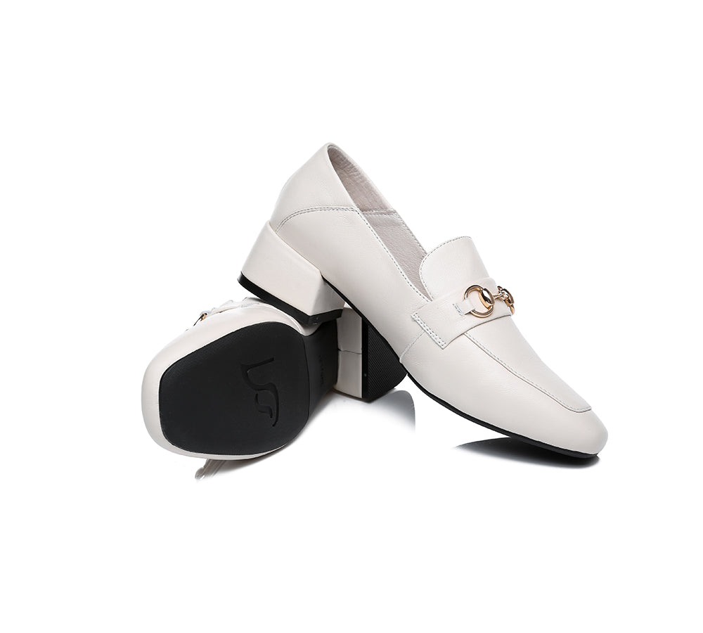 EVERAU® Women's Leather Loafers with Gold Buckle - Low Block Heel Comfortable Slip-On Shoes for Work, Office & Casual Outfits