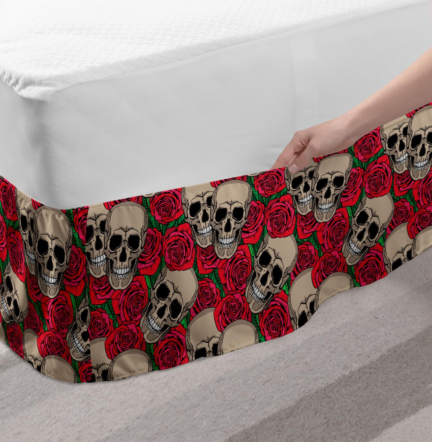 Ambesonne Elastic Bed Skirt - Gothic Rose & Skull Design, Halloween Inspired Retro Pattern, Wrap Around Dust Ruffle for Queen Size Beds (Vermilion/Tan/Green) | Perfect for Gothic Bedroom Decor & Themed Halloween Parties