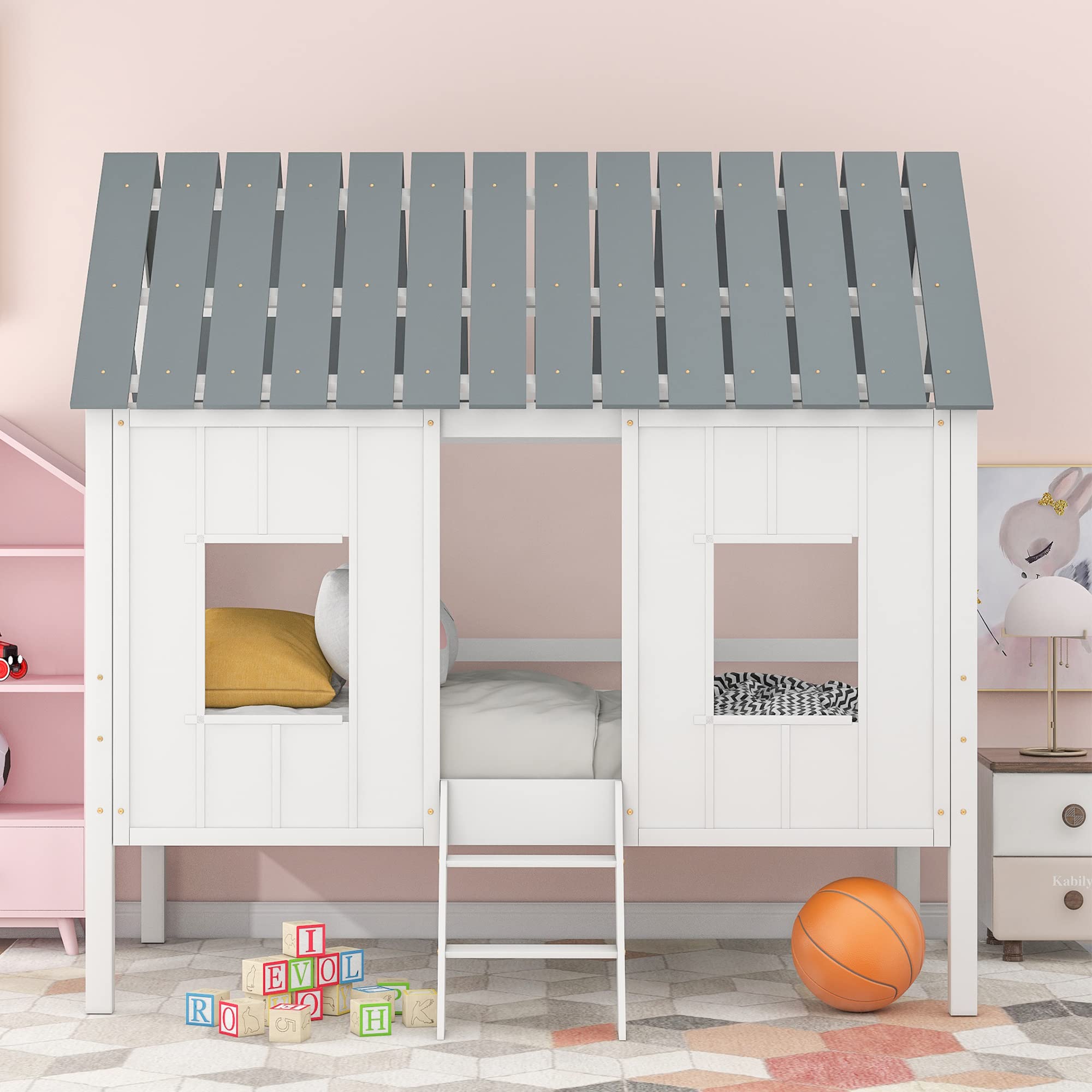 Low Loft House Bed for Kids - Twin Size Low Profile Playhouse Bed with Roof & Window - Perfect for Toddlers & Small Spaces (White) - Ideal for Bedrooms, Playrooms & Sleepovers