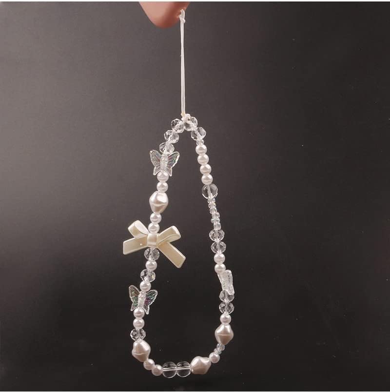 Fashionable Pearl Beaded Phone Lanyard with Bow & Butterfly Charm - Universal Anti-Lost Wrist Strap for Women & Girls - Perfect for iPhone, Samsung, Keys & Wallet Accessories - Great for Work, Travel & Everyday Use
