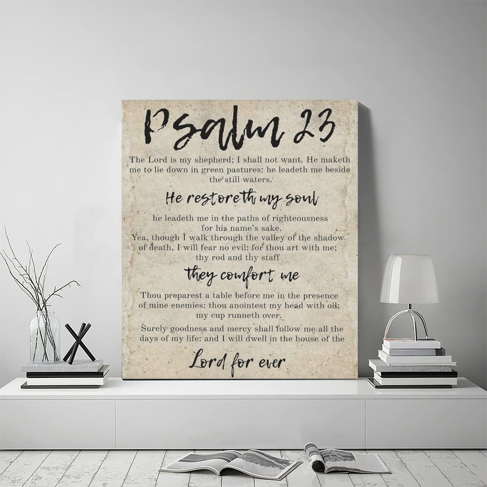 Psalm 23 Christian Wall Art - Inspirational Bible Verse Canvas Print with Retro Frame (20