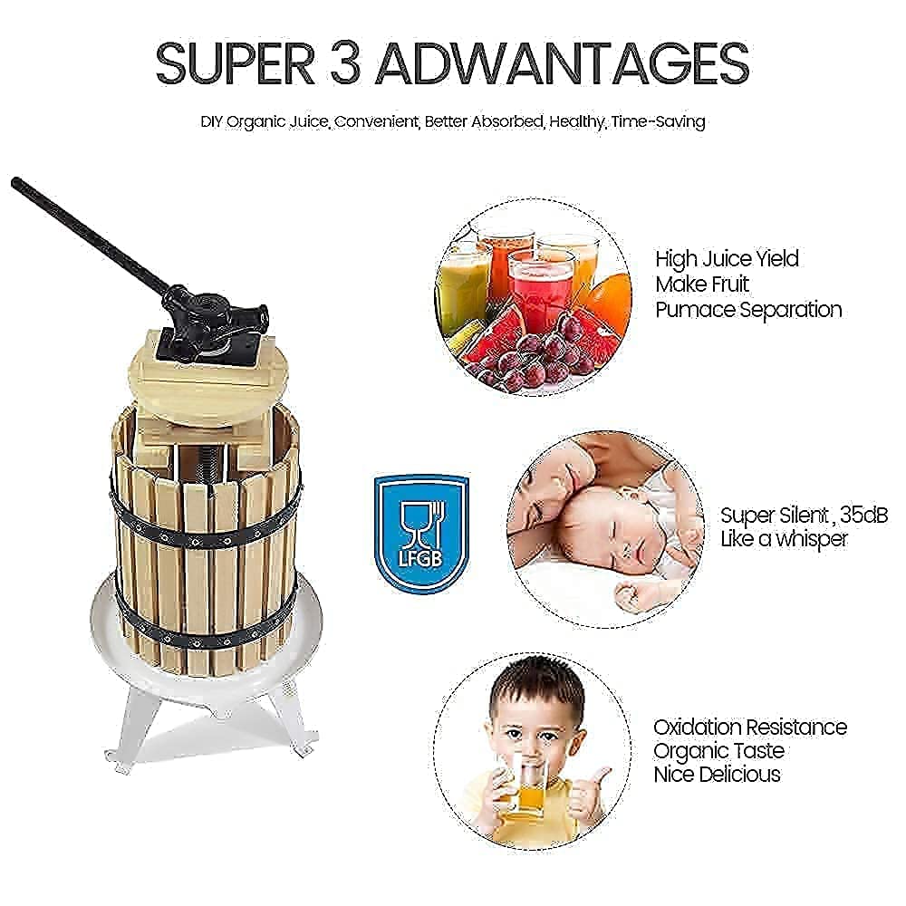 Premium 1.6 Gallon/6L Solid Wood Apple Cider Press with 7L/1.8Gallon Fruit Crusher - Traditional Wine Making Kit for Home Brewing, Juicing Apples & Fruits - Perfect for DIY Cider, Wine & Juice Production