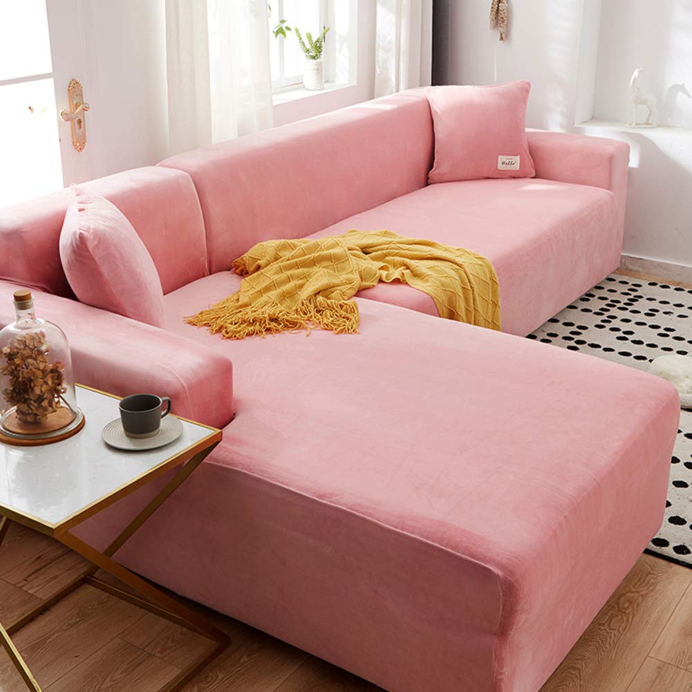 HM&DX Stretch Velvet Sofa Slipcover - 1 Piece Solid Color Couch Cover with Non-Slip Elastic Straps (Pink) | Perfect for Living Room Furniture Protection & Home Decor Upgrade
