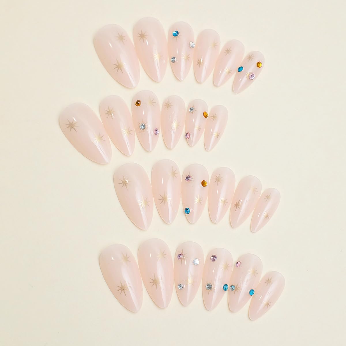 24 Pcs Medium Length Almond Press on Nails - Glossy Acrylic Fake Nails with Rhinestone Charms & Colorful Designs, Reusable Full Cover Stick on Nails for Women & Girls | Perfect for Parties, Weddings, Date Nights & Special Occasions