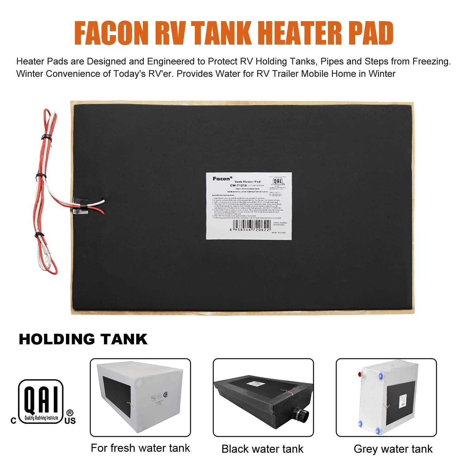 Facon RV Holding Tank Heater Pad - 50 Gallon Capacity for Fresh, Grey & Black Water Tanks with Auto Thermostat | Winter RV Camping & Cold Weather Protection