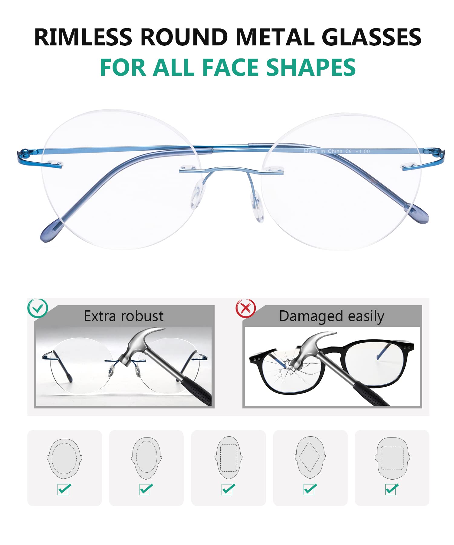 Eyekepper Frameless Reading Glasses for Women & Men - Lightweight Round Rimless Readers for Reading, Computer Work & Office Use