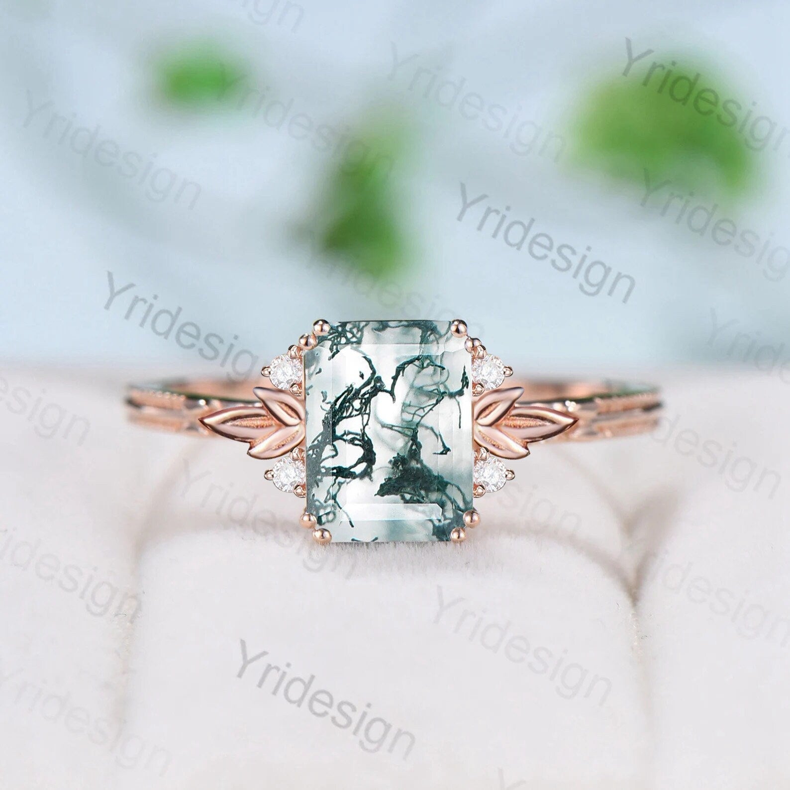 Emerald Cut Moss Agate Diamond Ring - 14K Rose Gold Leaf Design with Moissanite Accents, Green Agate Engagement & Anniversary Ring for Women | Perfect for Proposals, Weddings & Special Occasions