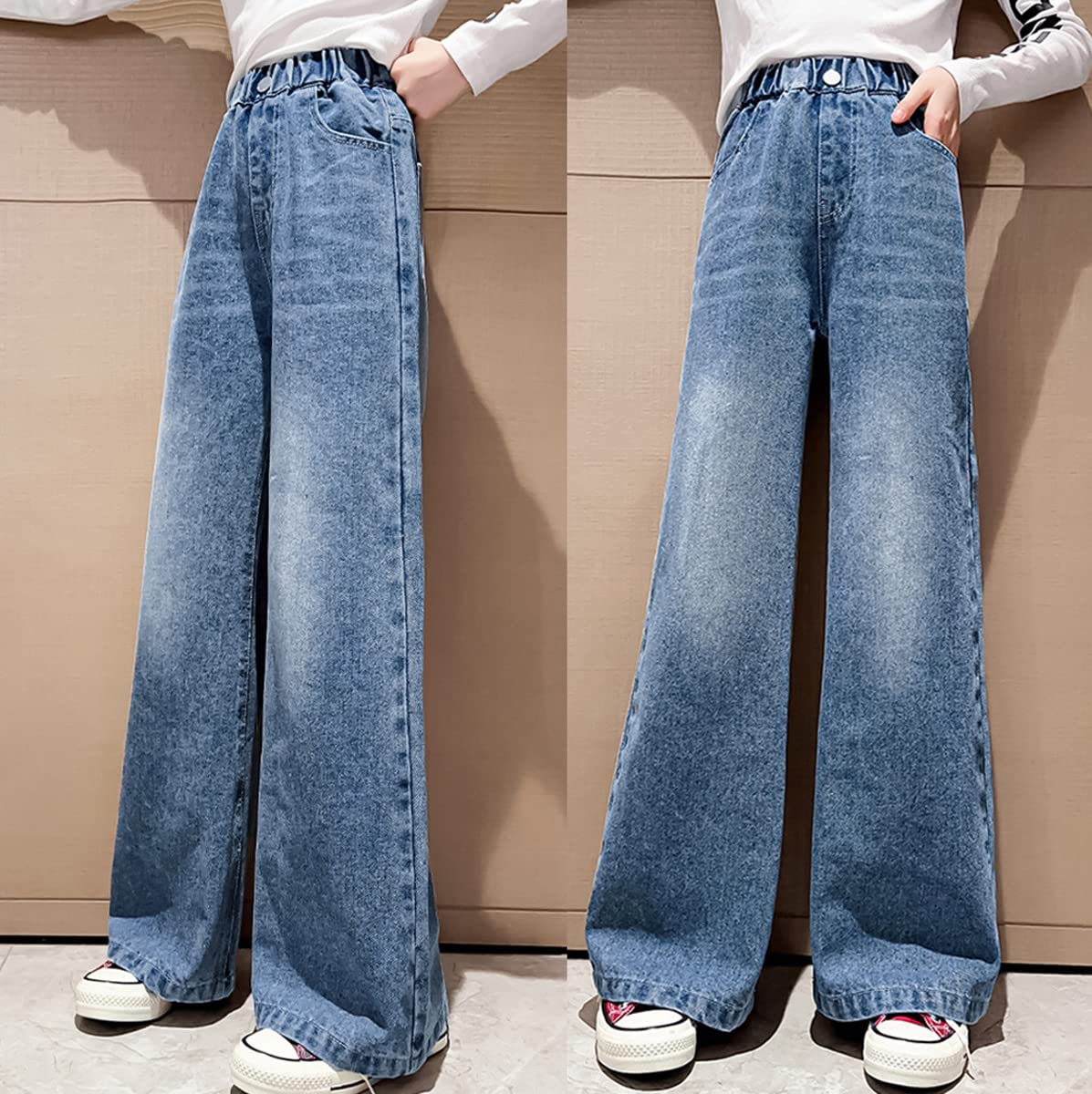 Girls' Baggy Wide Leg Jeans - Stretchy Elastic Waist, Distressed Washed Denim Pants for Kids Age 5-14 - Perfect for School, Playdates & Casual Outfits