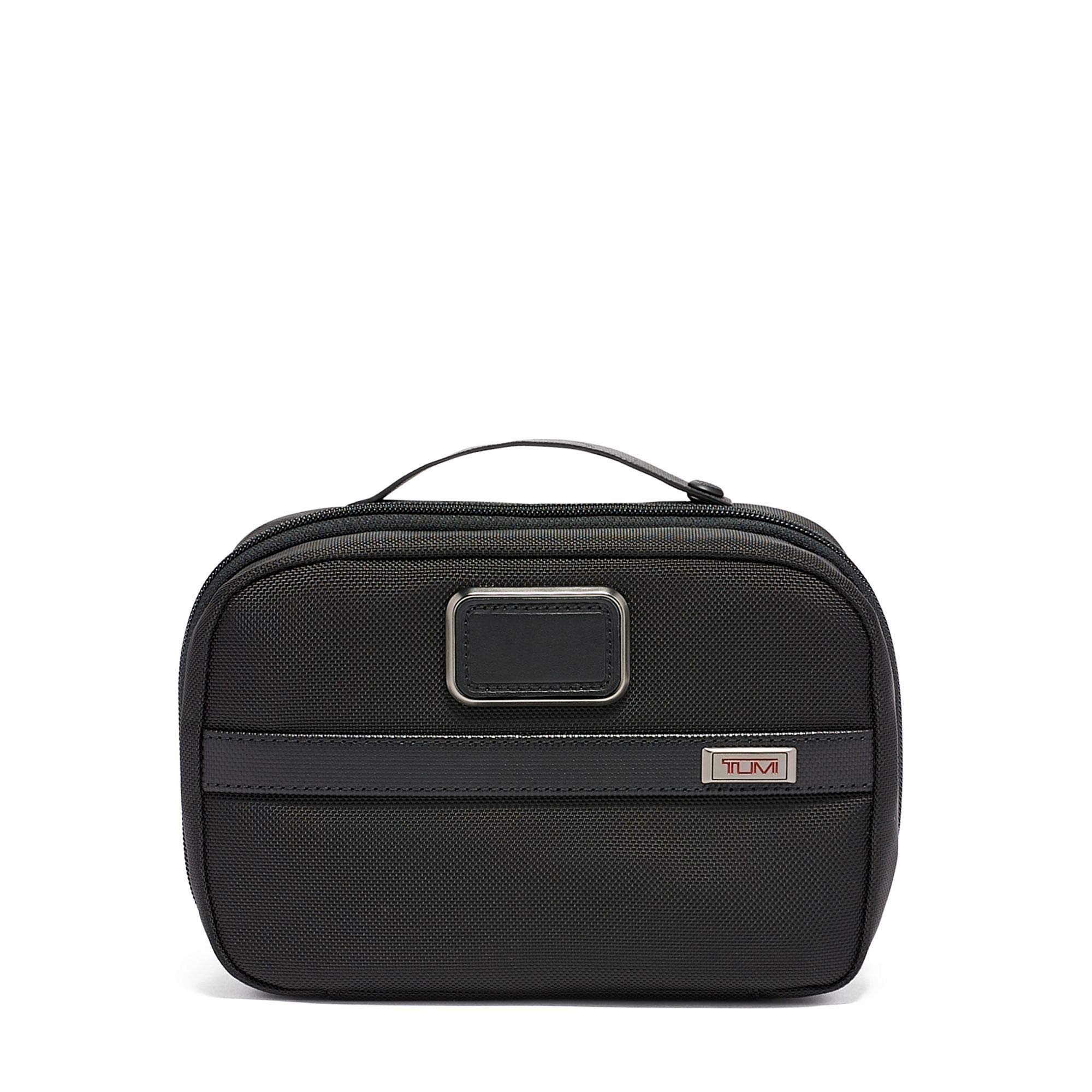 TUMI Alpha 3 Split Travel Kit - Premium Leather Toiletry Bag for Men & Women | Waterproof Cosmetic Organizer with Embossed Handle | Perfect for Business Trips, Gym & Weekend Getaways (Black)