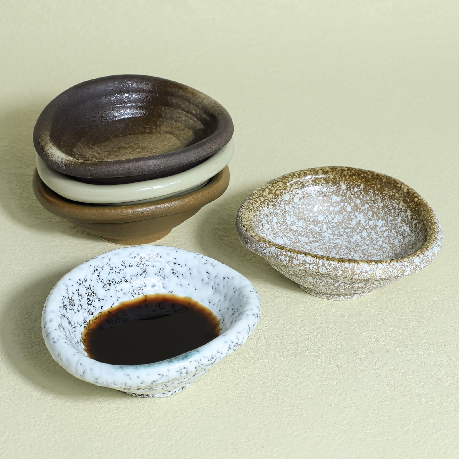 3.5 Inch Retro Brown Porcelain Side Dish Bowls - Set of 5 Small Serving Bowls for Soy Sauce, Seasonings, Dips & Appetizers - Elegant Dining & Party Tableware