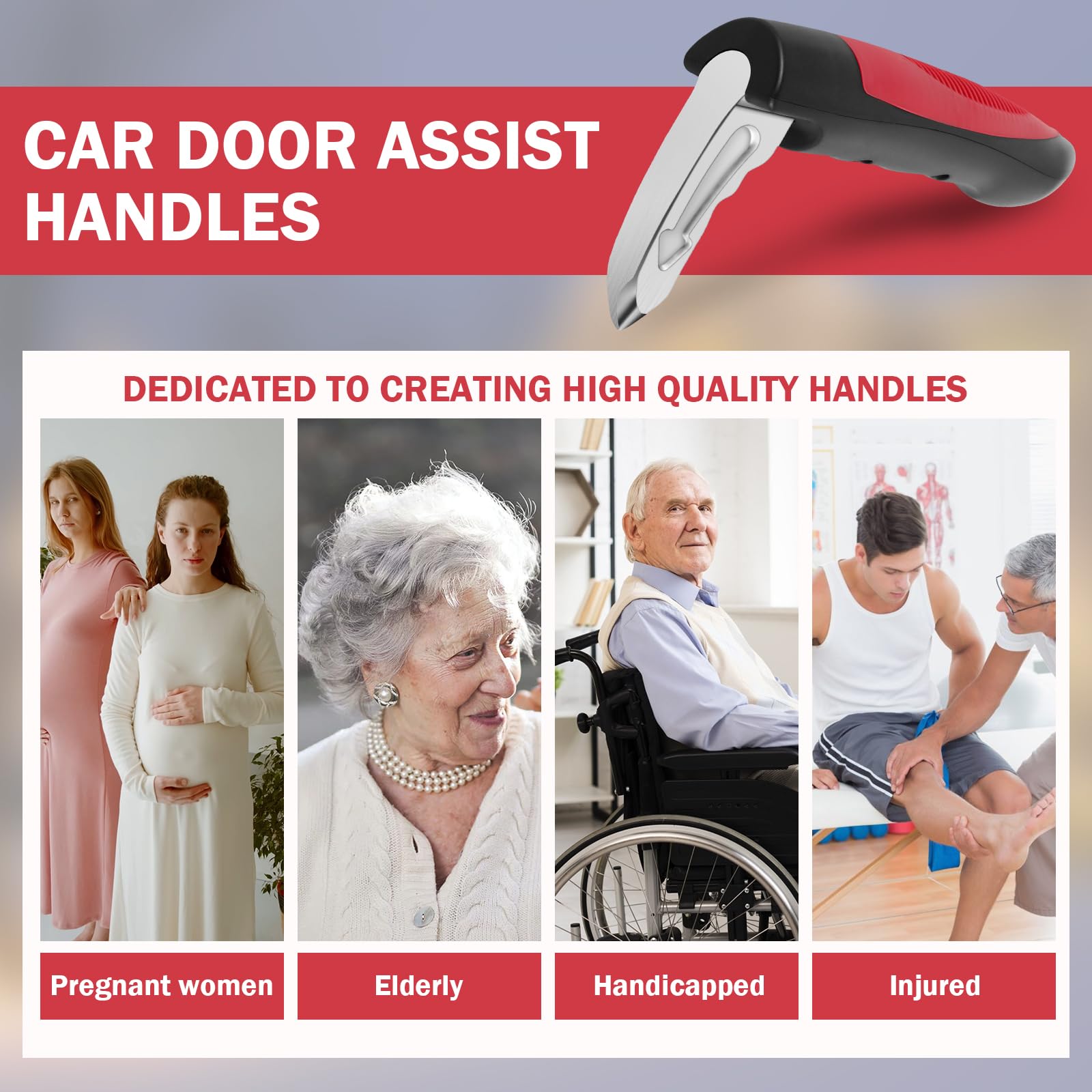 2 Pcs Multifunction Car Door Assist Handle with Seatbelt Cutter & Window Breaker - Portable Automotive Support Handles for Elderly & Emergency Use, Ideal for Daily Commute & Road Trips (Red)
