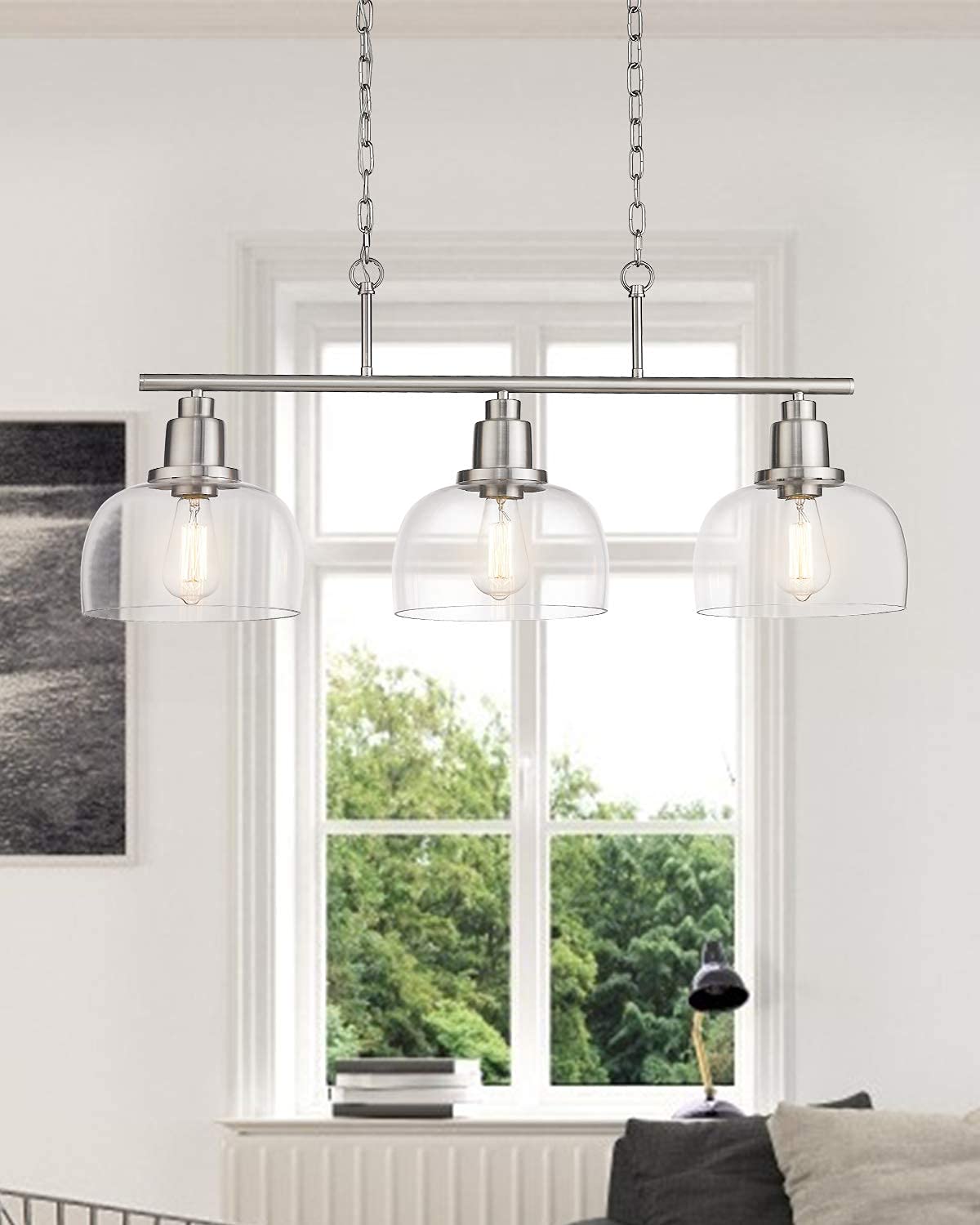EAPUDUN 3-Light Linear Chandelier - Brushed Nickel Finish with Clear Glass Shade - Modern Farmhouse Lighting for Kitchen Island, Dining Room, Foyer, Hallway & Entryway - Perfect for Home, Restaurant and Cafe Decor