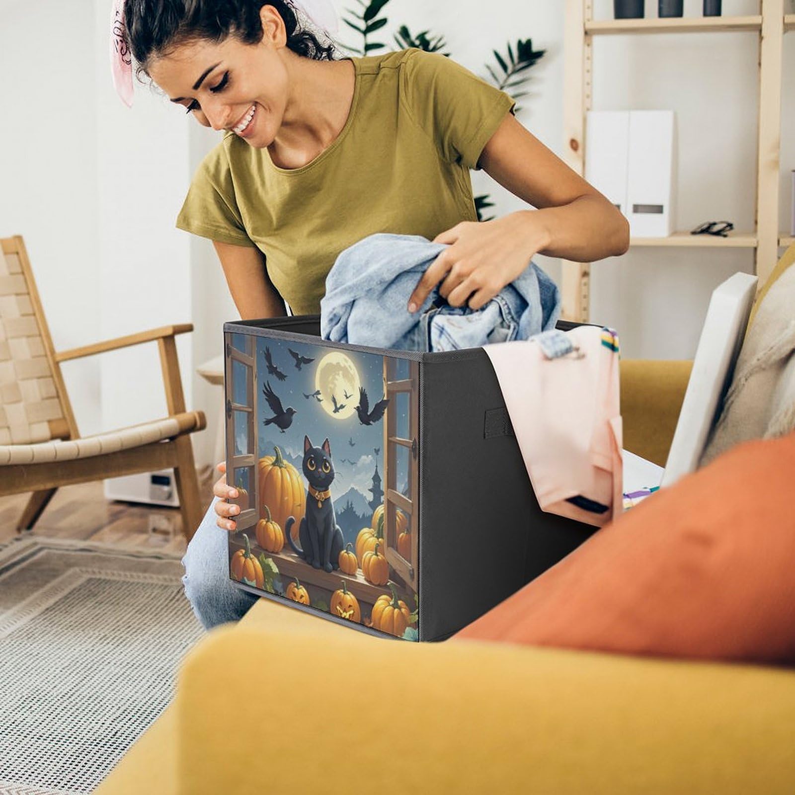 Foldable Storage Bins with Handles - Large Capacity Black Cat & Pumpkin Printed Storage Boxes for Playroom, Office, Home Organization | Perfect for Toys, Books, and Seasonal Decor Storage