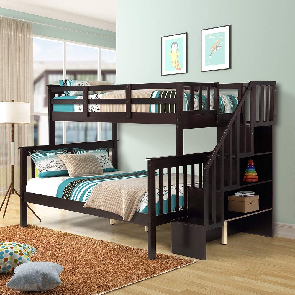 Rhomtree Twin Over Full Bunk Bed with Stairs & 4 Storage Shelves - Espresso Wood Loft Bed for Kids & Guests | Space-Saving Bedroom Furniture for Small Rooms & Sleepovers