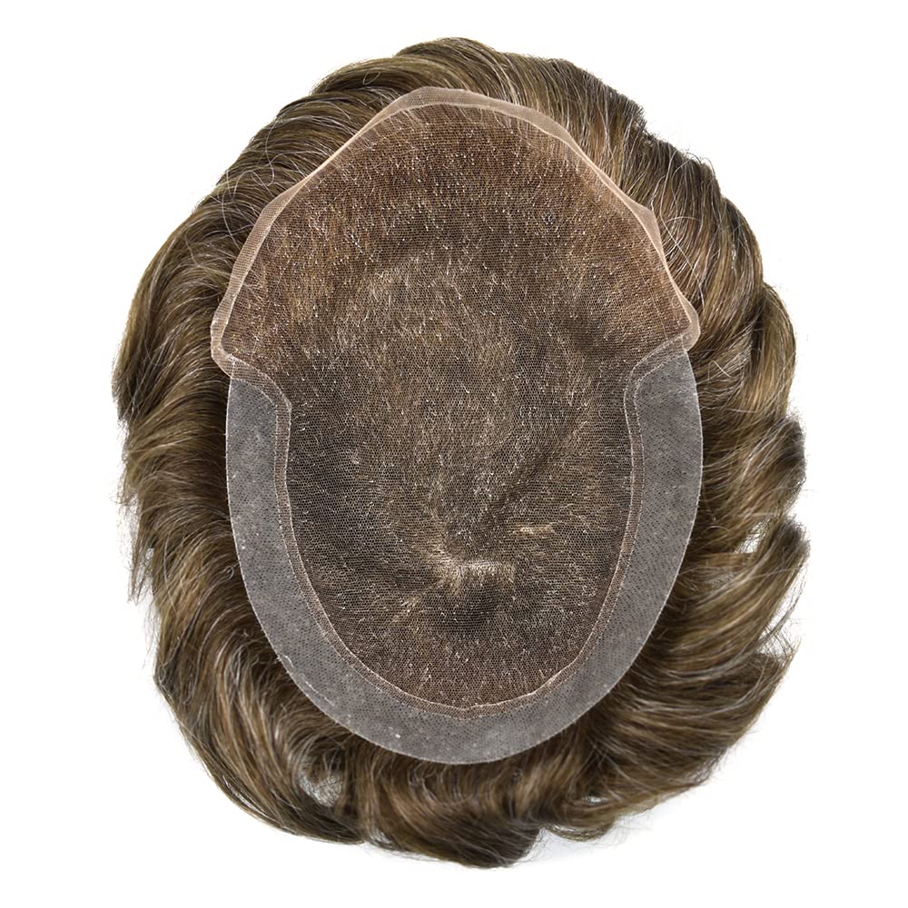 **Men's Swiss Lace Toupee - 100% Human Hair Replacement System with PU Bleached Knots & Natural Hairline | 8