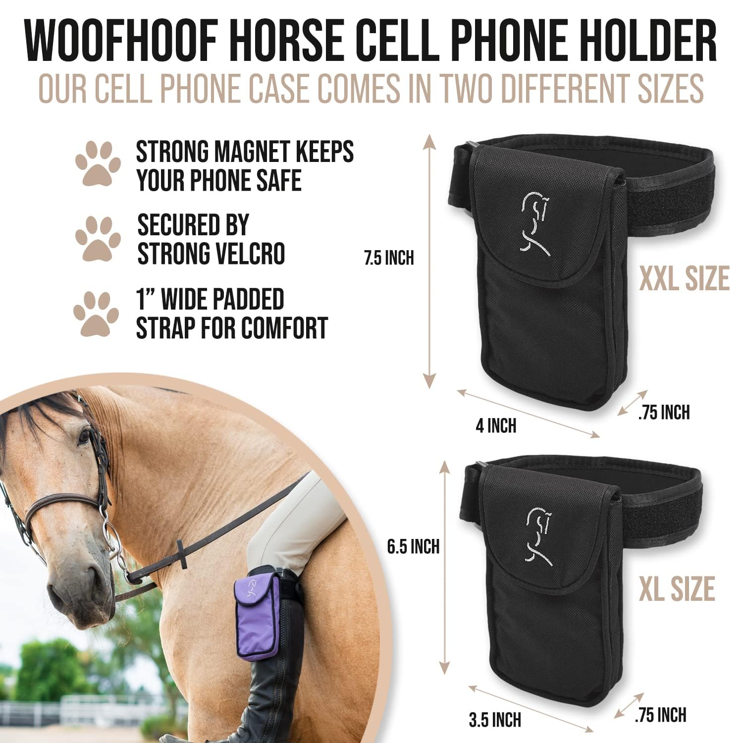Equestrian Cell Phone Holder for Horse Riding - XL Black Leg Band Holster with Padded Strap & Magnetic Closure | Durable Nylon, Machine Washable | Universal Fit for iPhone, Samsung & More | Perfect for Trail Riding, Dressage & Show Jumping