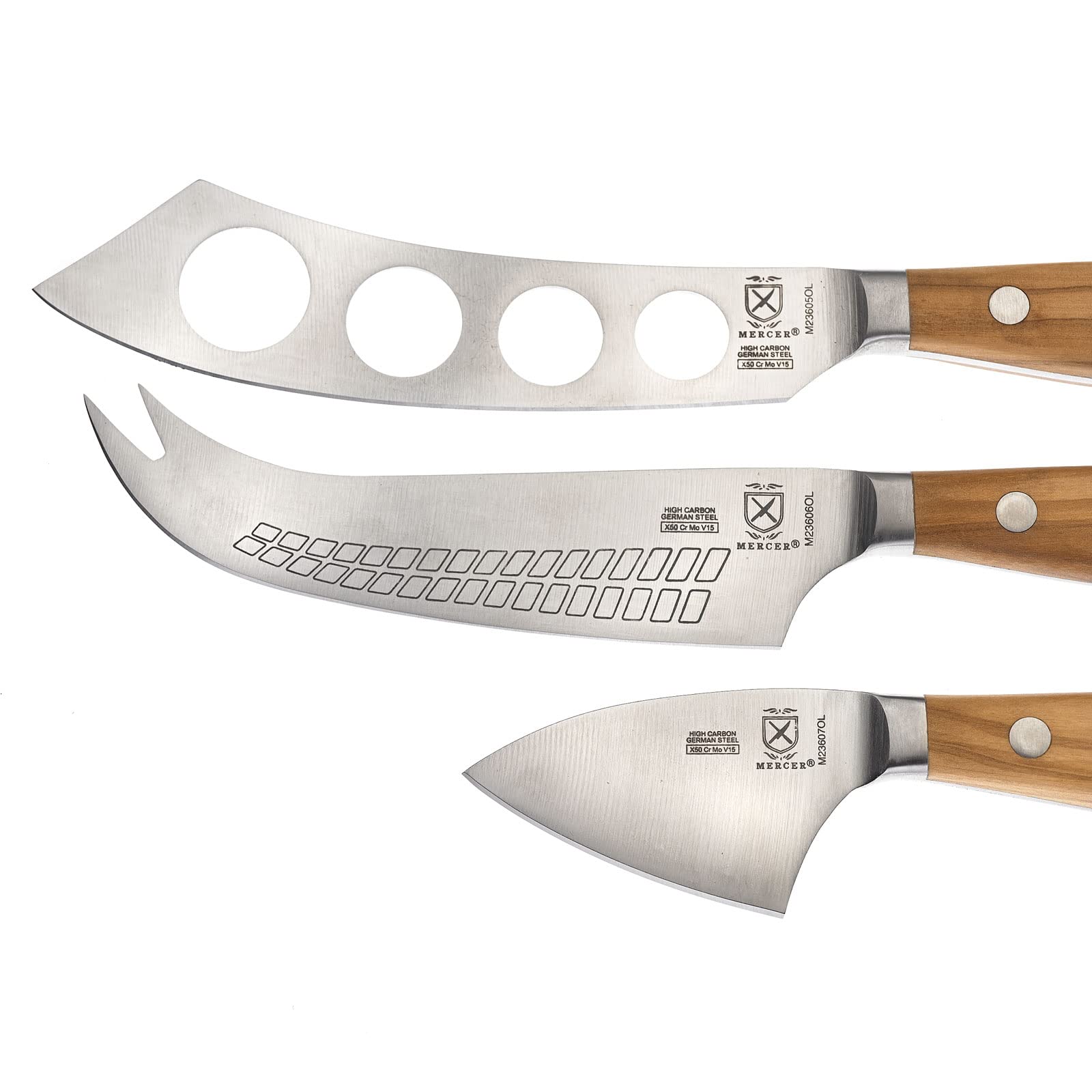 Premium Mercer Culinary Renaissance Olive Wood Cheese Knife Set - 3-Piece Handcrafted Cheese Cutting Board & Knives for Entertaining, Charcuterie Boards & Gourmet Cheese Platters