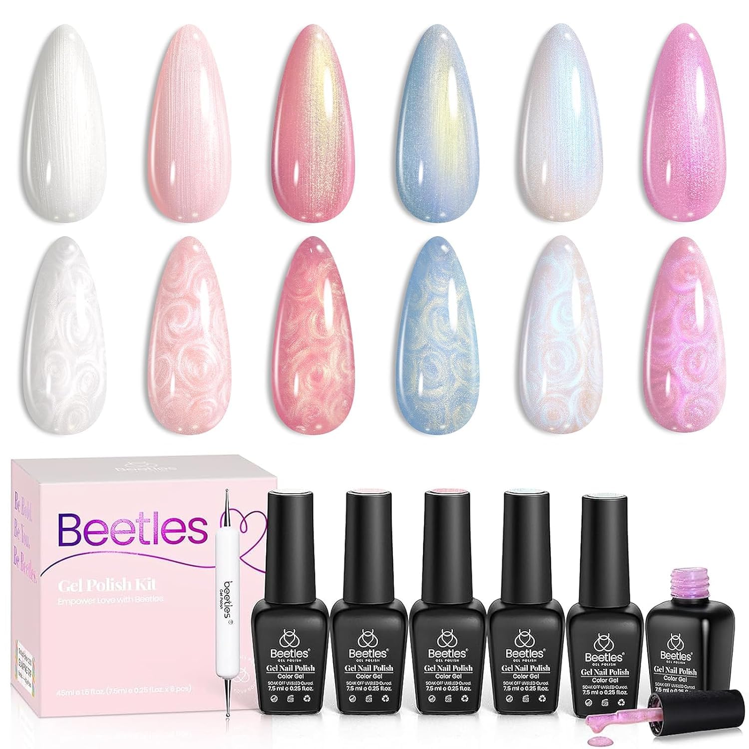 Beetles Shimmer Glitter Gel Nail Polish Set - 6 Colors (White, Pink, Blue Pearl) Mermaid UV LED Soak Off Polish with Swirl Thread Effect | DIY Manicure Kit for Women | Perfect for Spring Summer Nail Art & Gift Giving