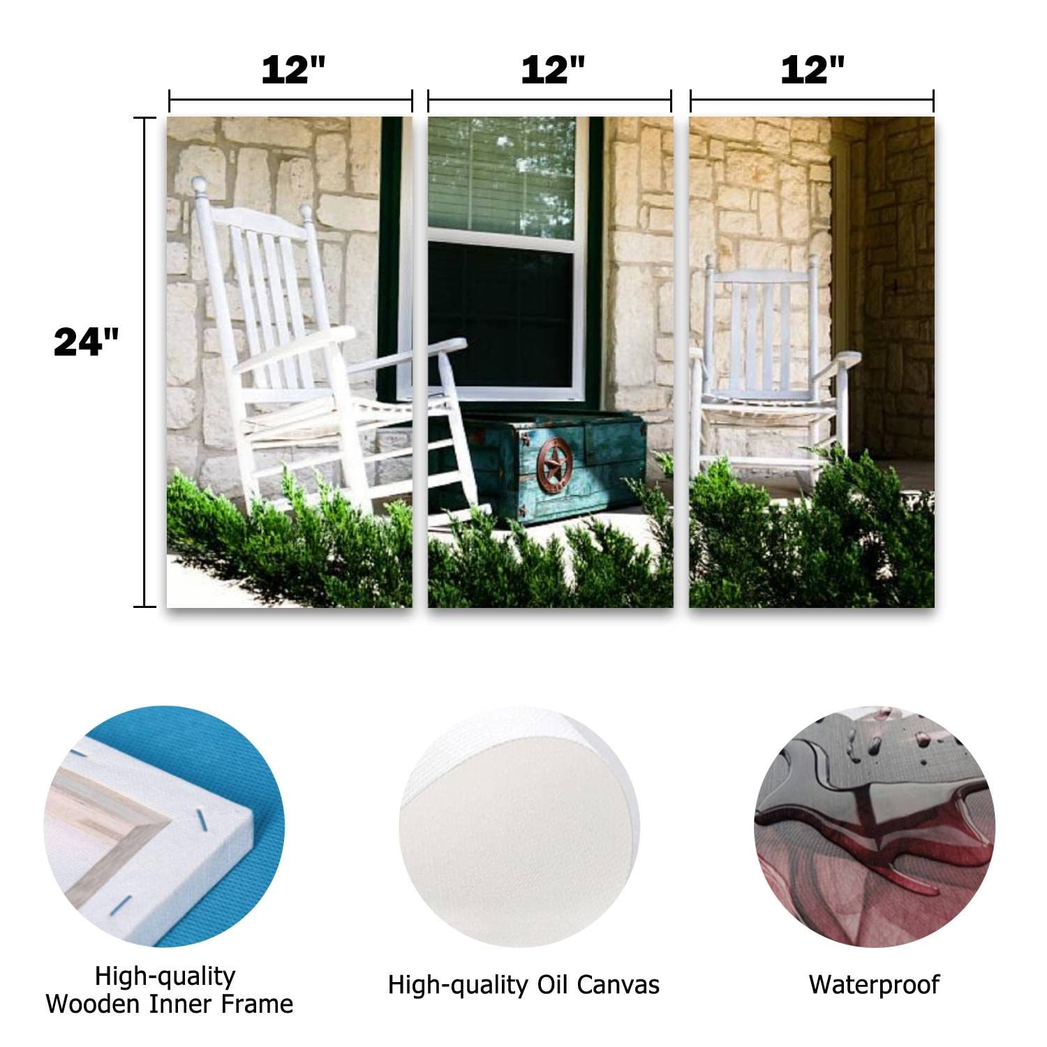 3 Piece Canvas Wall Art Prints - Modern Framed Painting for Living Room, Office, Porch - Ready to Hang Home Decor (Wooden Box & Rocking Chairs Scene) | Perfect for Farmhouse, Coastal, or Rustic Interior Design