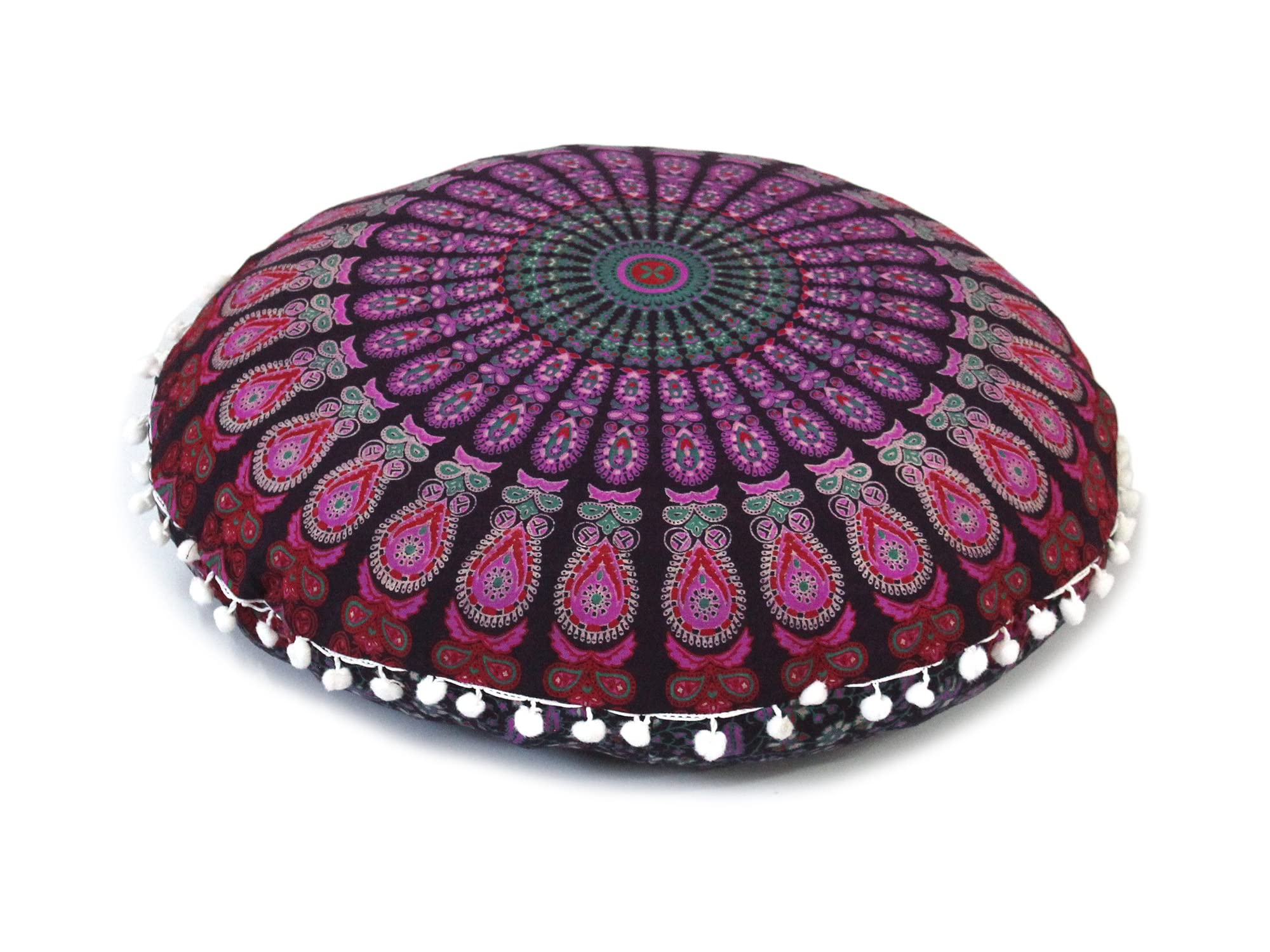 22 Inch Round Mandala Meditation Floor Pillow - Bohemian Cotton Pouf Cushion for Yoga, Meditation & Relaxation - Pink Peacock Design - Perfect for Living Room, Outdoor Fireplace & Home Décor