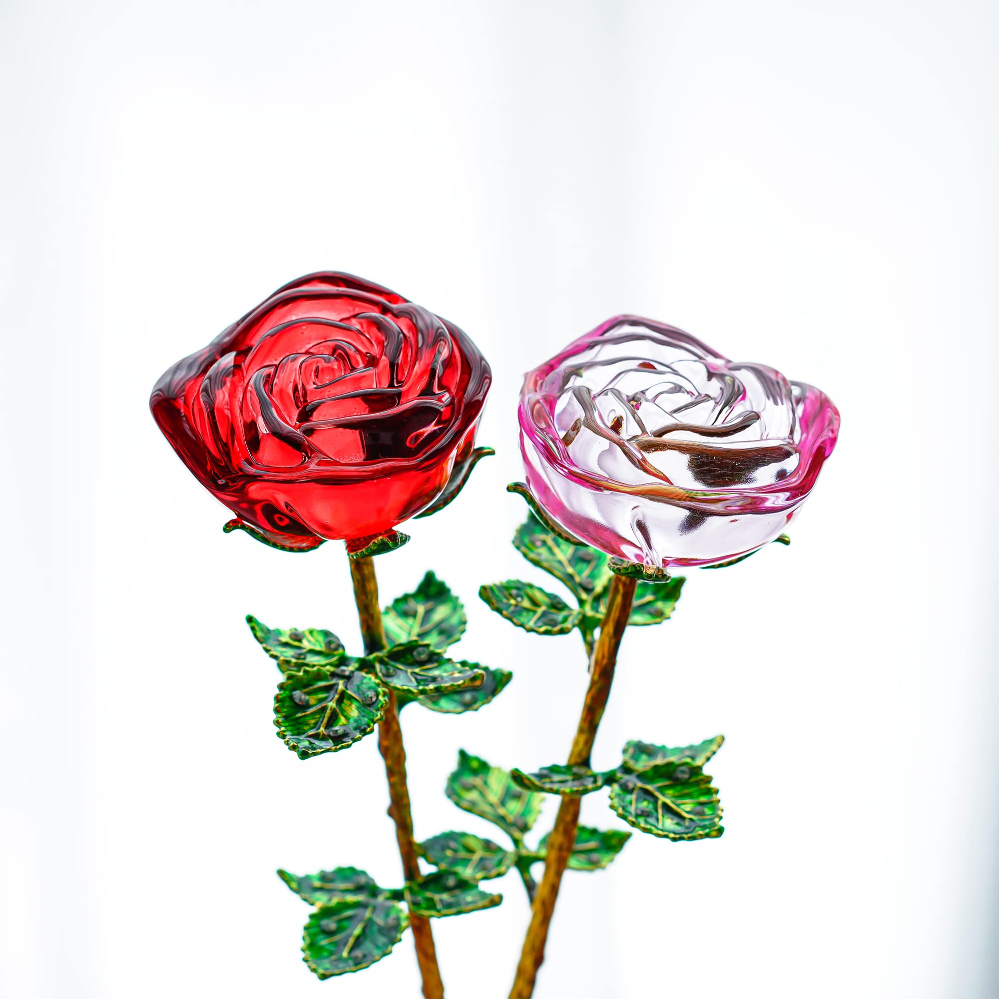 Elegant Pink & Red Crystal Rose Flower with Green Leaves - Romantic Valentine's Day Gift for Wife, Anniversary Present for Her - Perfect for Wedding Decor, Home Centerpiece & Special Occasions (Set of 2)