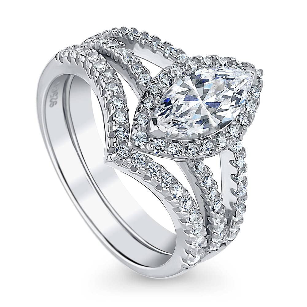 BERRICLE Sterling Silver Halo Wedding Engagement Ring Set for Women - Marquise Cut Cubic Zirconia CZ Wishbone Split Shank, Rhodium Plated, Size 4-10 | Perfect for Proposals, Anniversaries & Bridal Jewelry