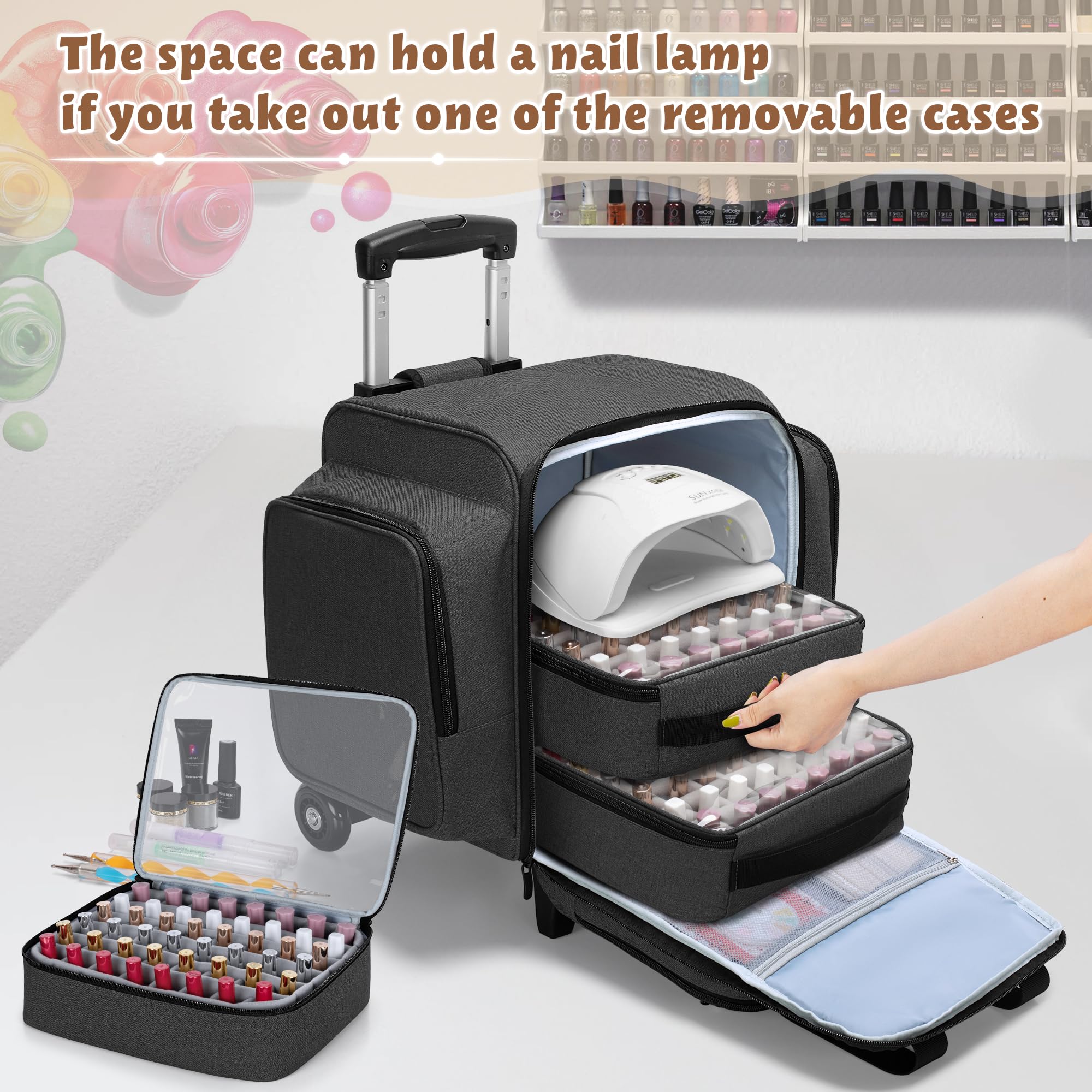BAFASO 144 Bottle Rolling Nail Polish Organizer - Portable Nail Polish Storage Case with Detachable Wheels & 3 Removable Trays (Patented Design, Black) | Perfect for Salon Professionals & Home Nail Art Enthusiasts