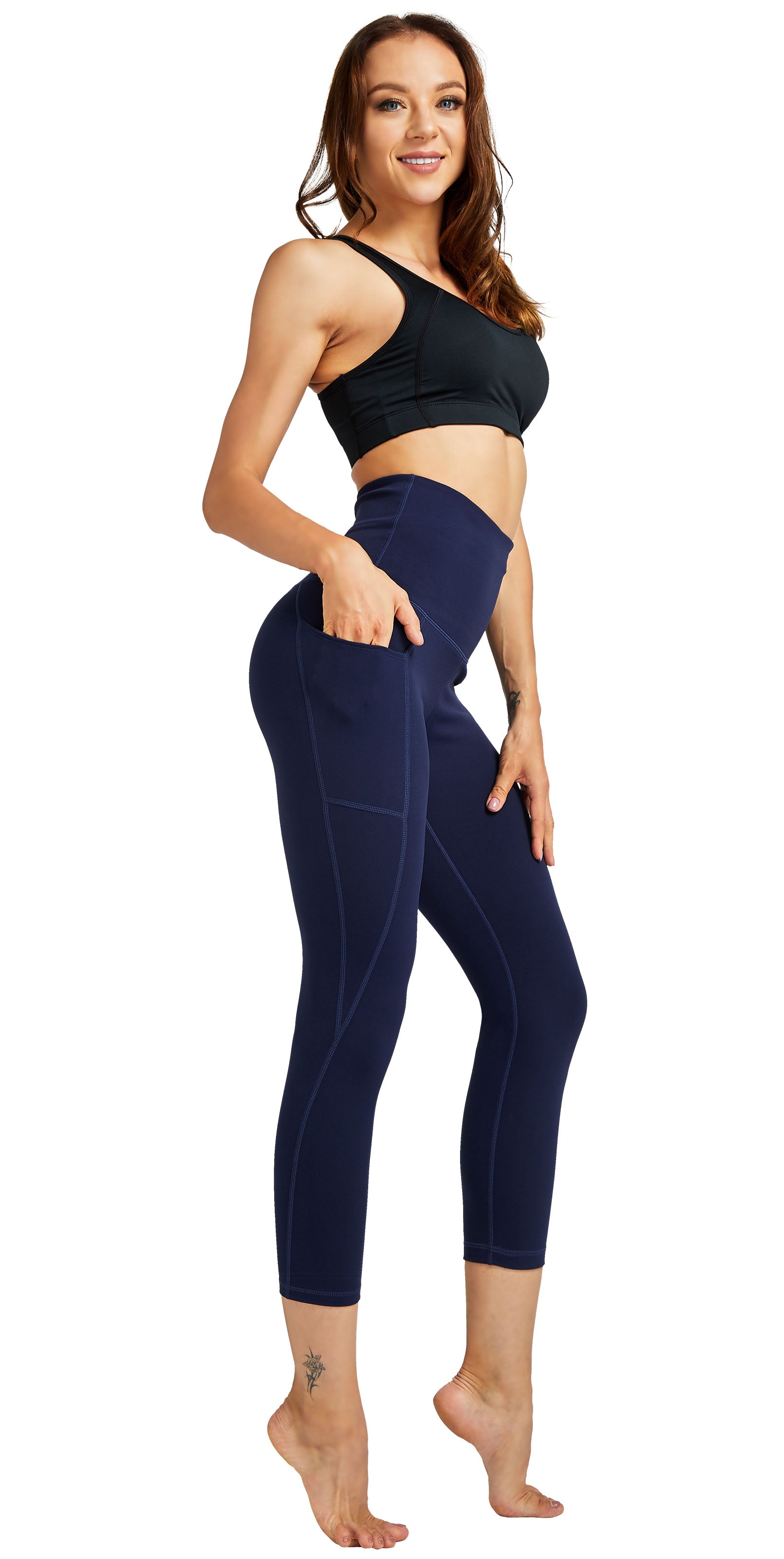 COOLOMG High Waisted Yoga Pants for Women with Side Pockets - Grey & Navy Blue - Perfect for Workouts, Yoga, Running and Lounge Wear