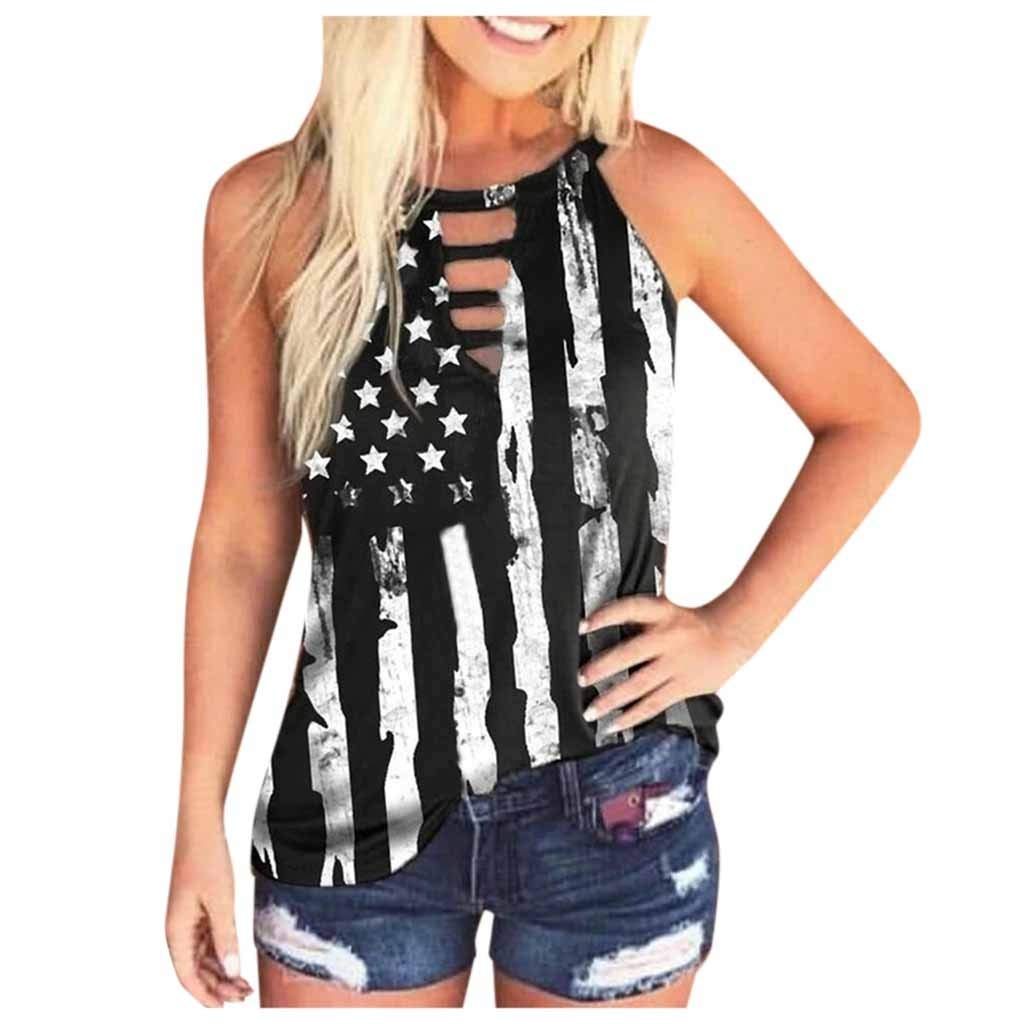 American Flag Print Women's Sleeveless Vest Tank Top - Fashion Hollow Out Blouse for Casual Wear, Summer Outfits & Athletic Activities