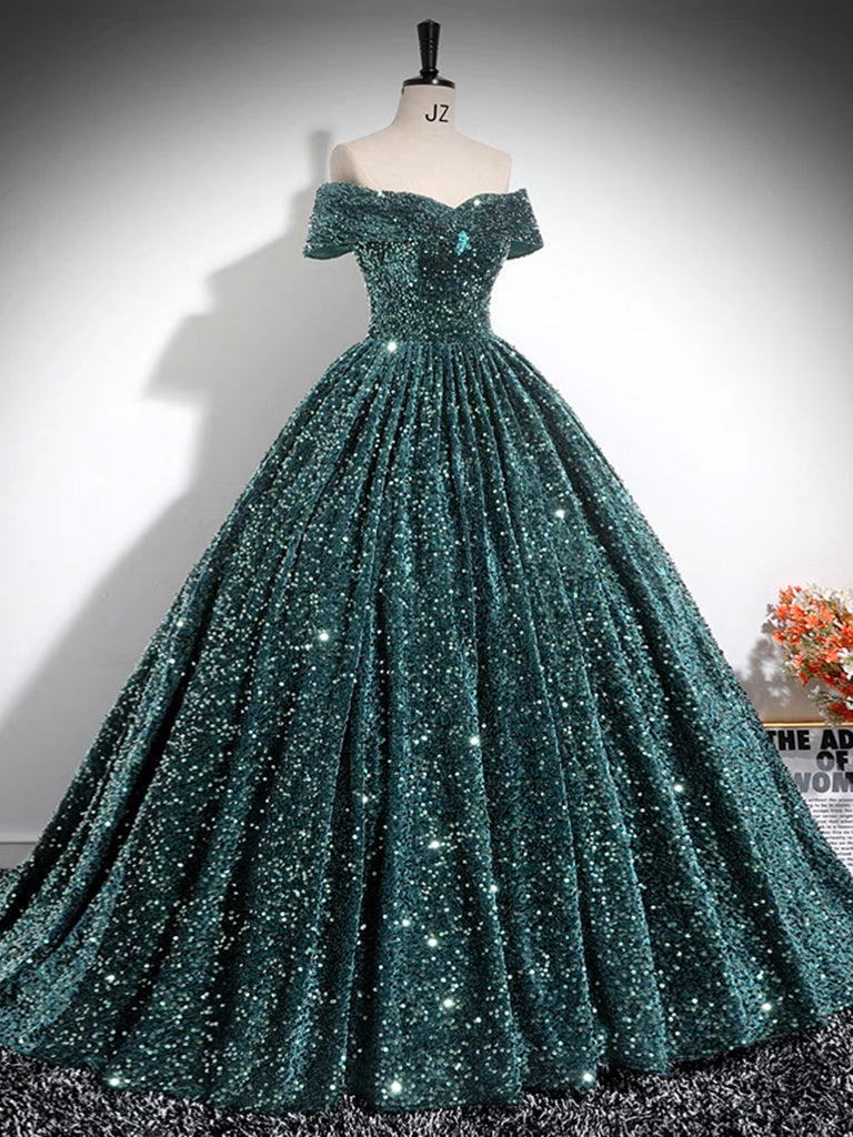 Elegant A-Line Off Shoulder Velvet Sequin Green Long Prom Dress for Women - Perfect for Formal Dances, Evening Gala & Special Occasions